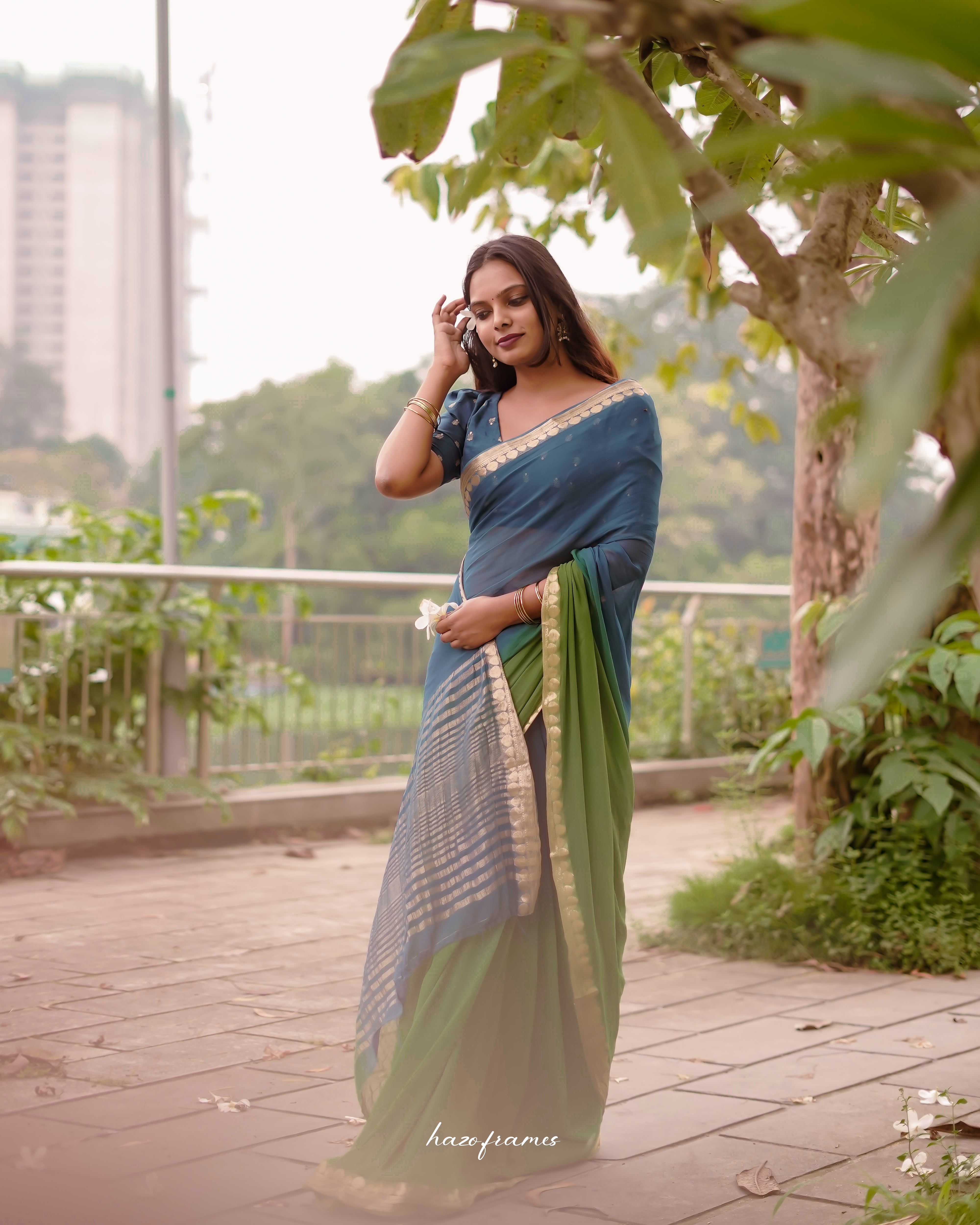 BLUE- GREEN VISCOSE GEORGETTE SAREE