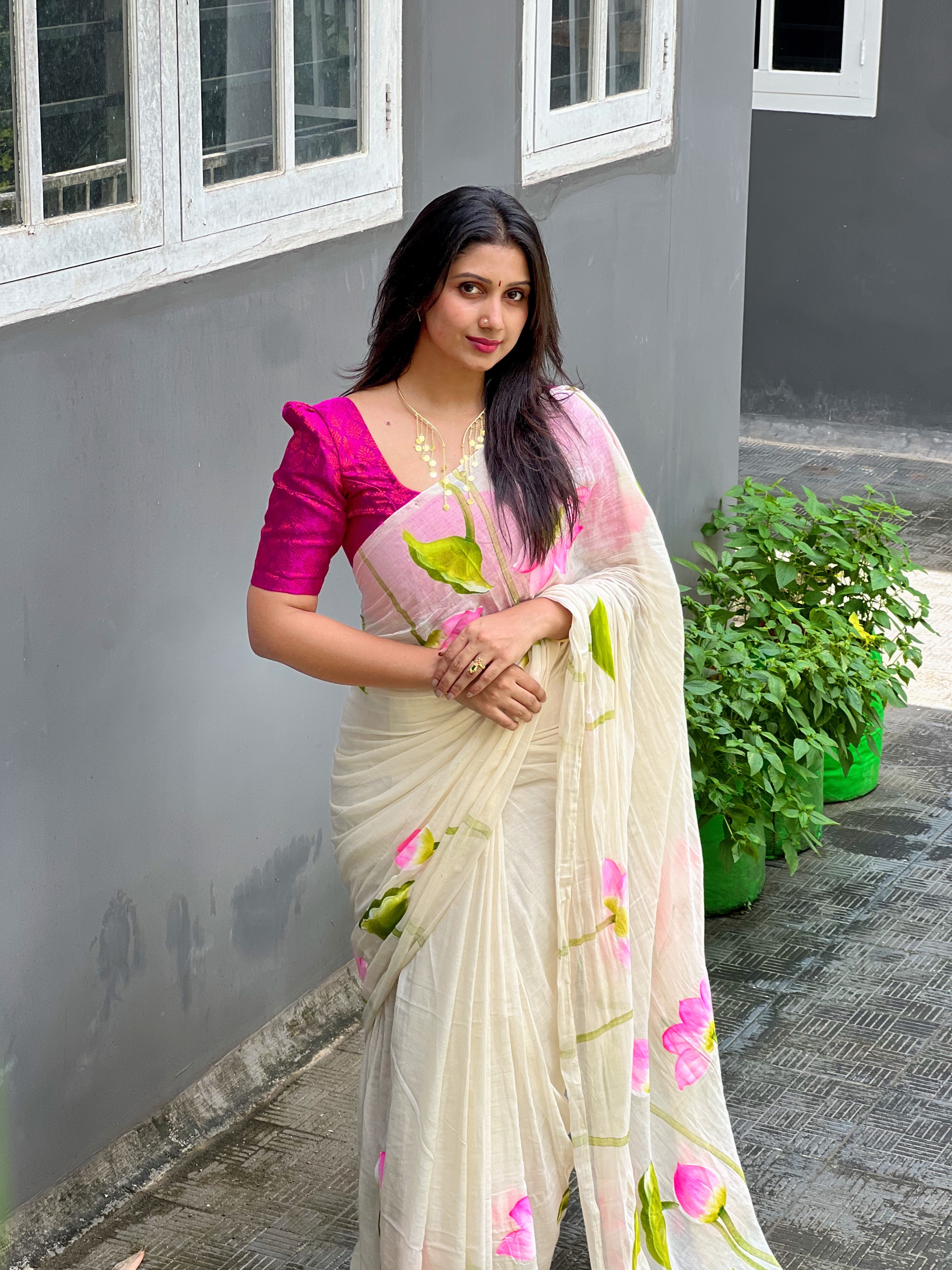LOTUS HANDPAINTED MULMUL COTTON SAREE- TBS26OHP - PREBOOK