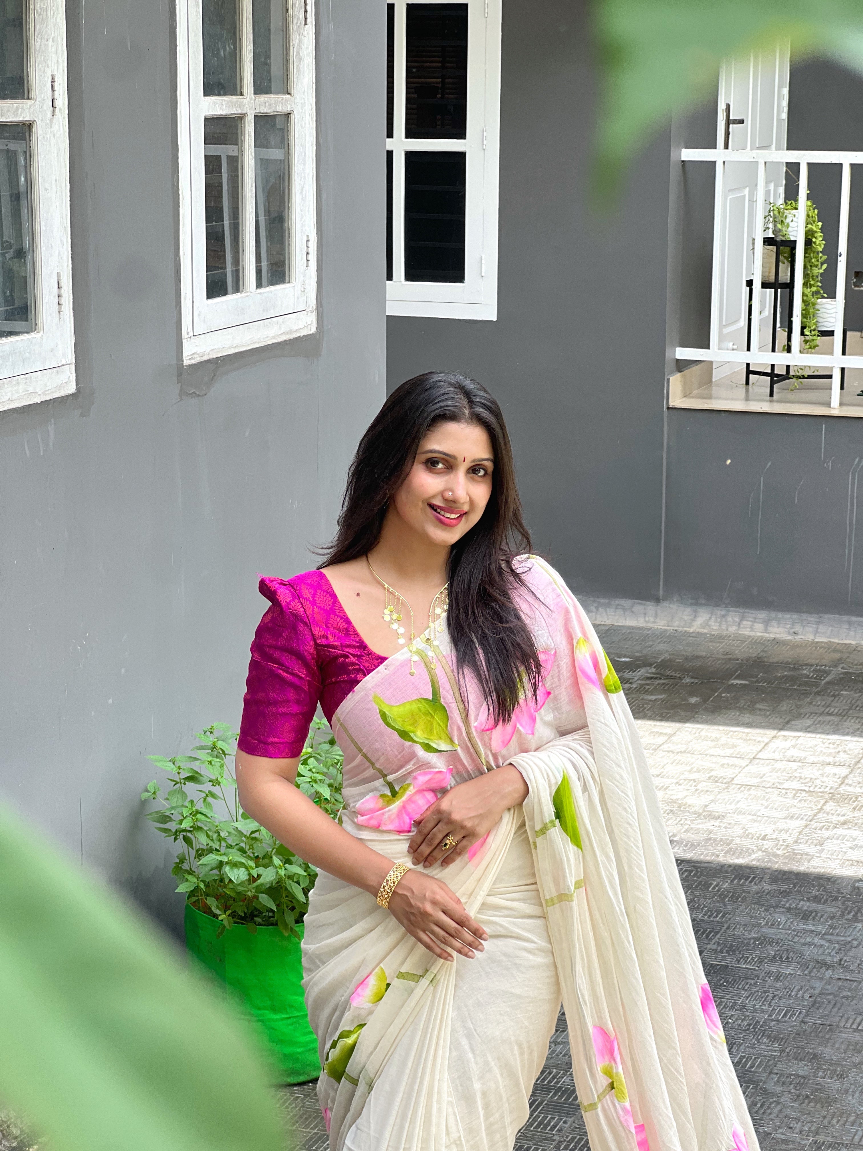 LOTUS HANDPAINTED MULMUL COTTON SAREE- TBS26OHP - PREBOOK