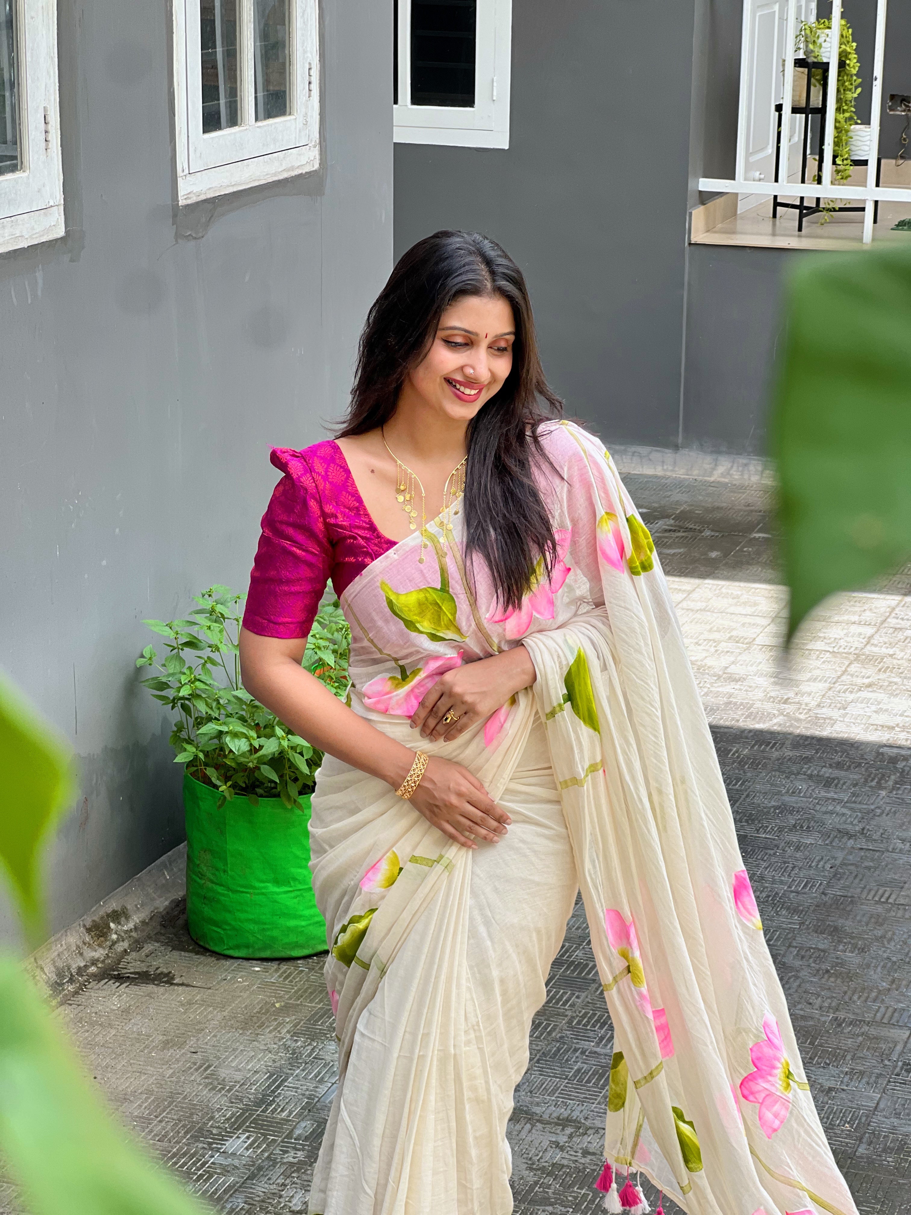 LOTUS HANDPAINTED MULMUL COTTON SAREE- TBS26OHP - PREBOOK
