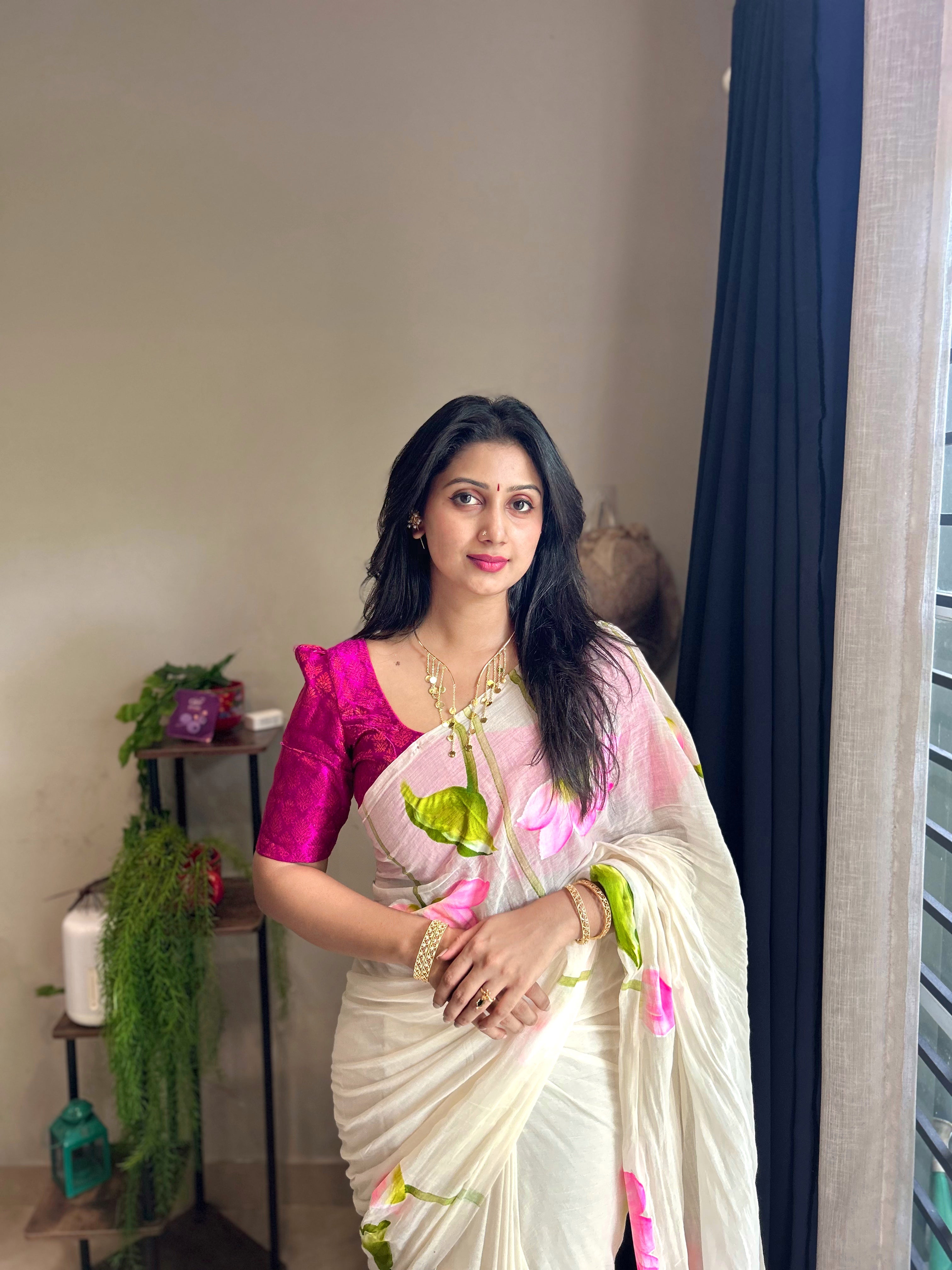 LOTUS HANDPAINTED MULMUL COTTON SAREE- TBS26OHP - PREBOOK