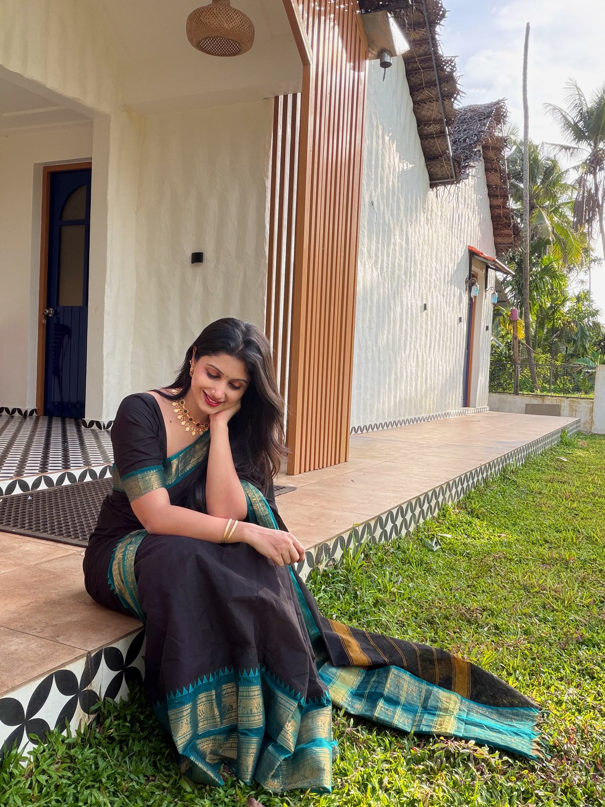 KANCHI COTTON BLACK WITH BLUE BORDER- TBS26KCB