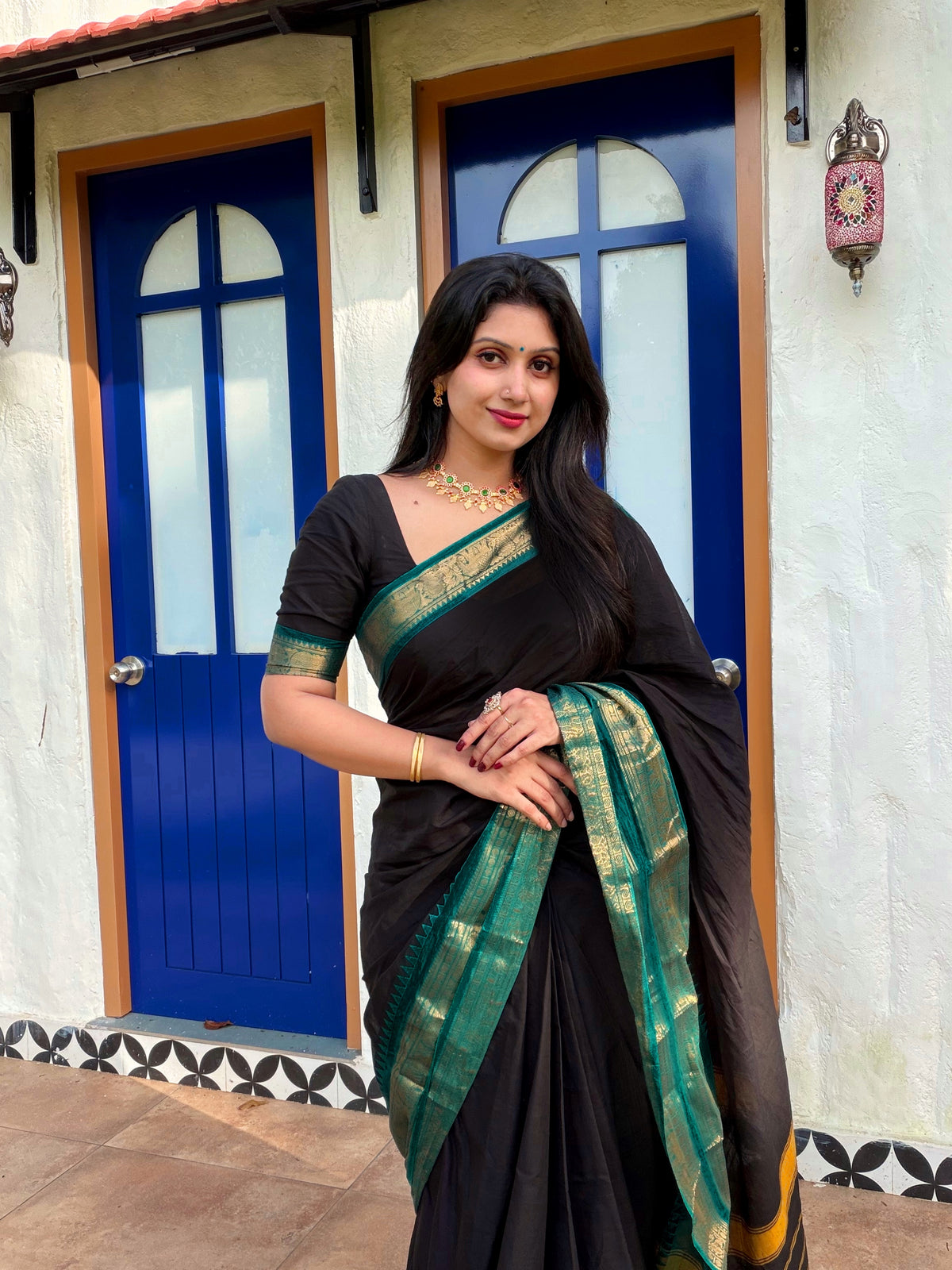 KANCHI COTTON BLACK WITH BLUE BORDER- TBS26KCB