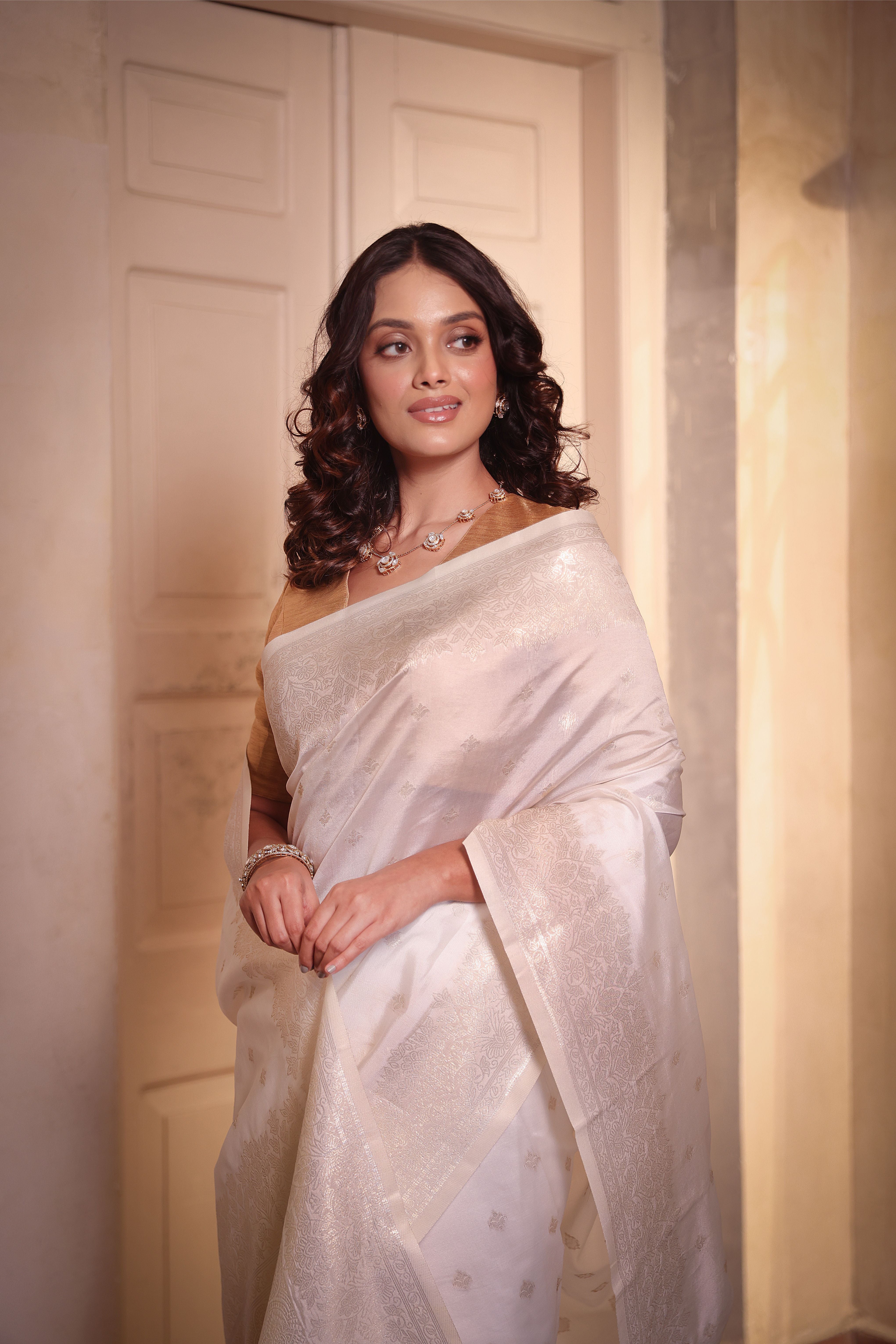 WHITE SAREE WITH SILVER WEAVE