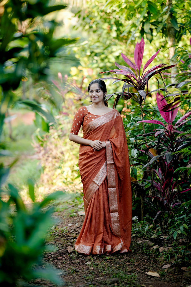 RUST ORANGE VISCOSE CHINNON WITH ZARI STRIPES