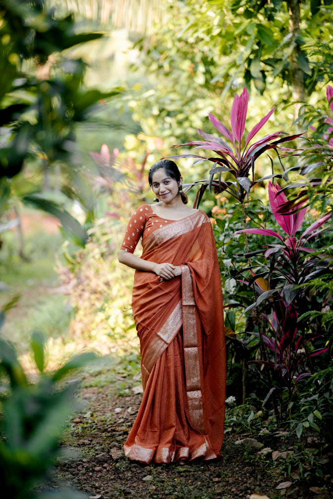 RUST ORANGE VISCOSE CHINNON WITH ZARI STRIPES