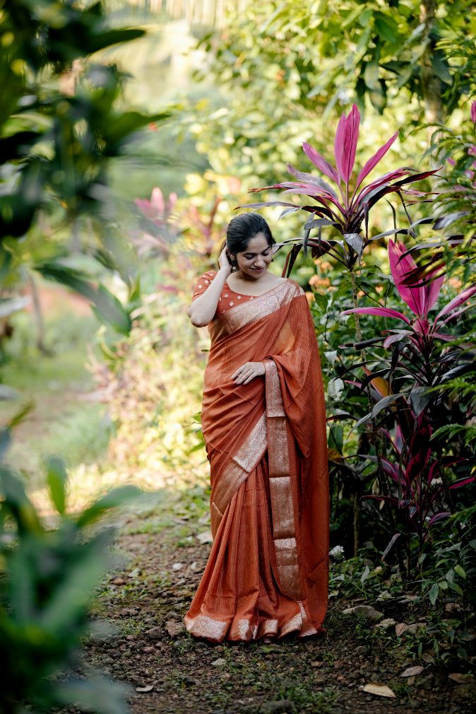 RUST ORANGE VISCOSE CHINNON WITH ZARI STRIPES