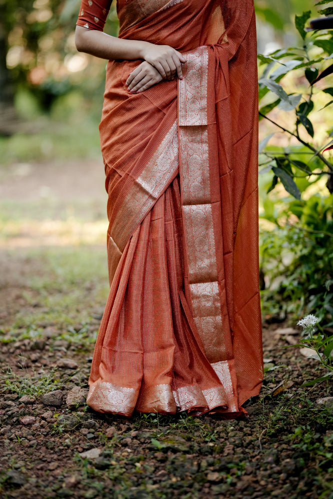 RUST ORANGE VISCOSE CHINNON WITH ZARI STRIPES