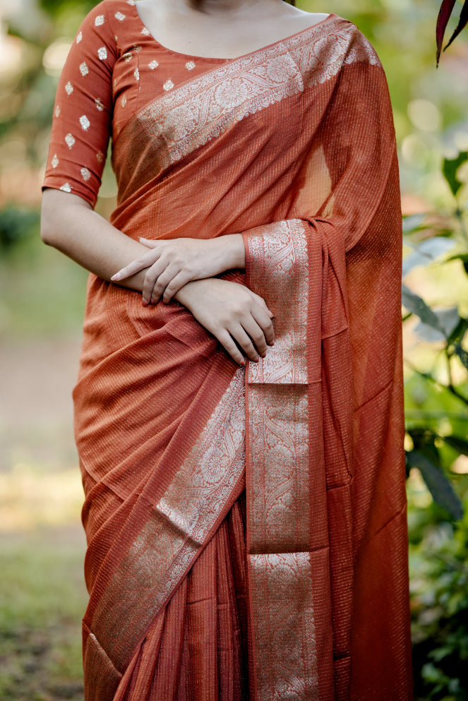 RUST ORANGE VISCOSE CHINNON WITH ZARI STRIPES