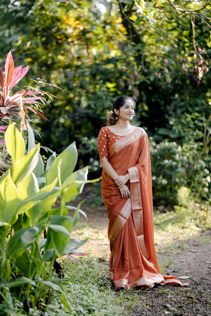 RUST ORANGE VISCOSE CHINNON WITH ZARI STRIPES