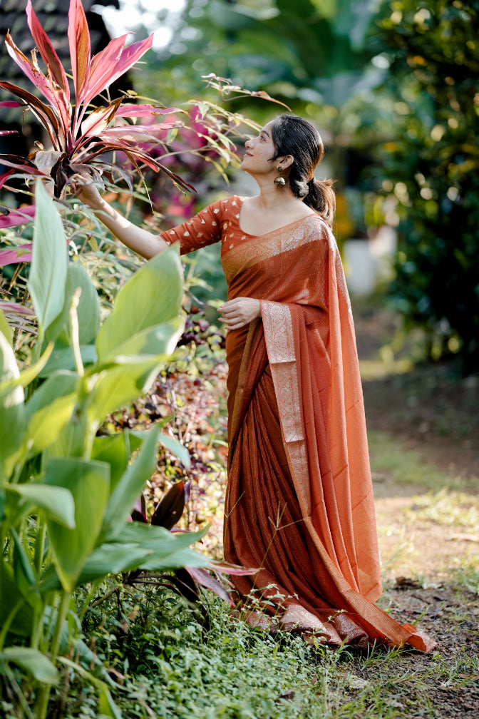 RUST ORANGE VISCOSE CHINNON WITH ZARI STRIPES