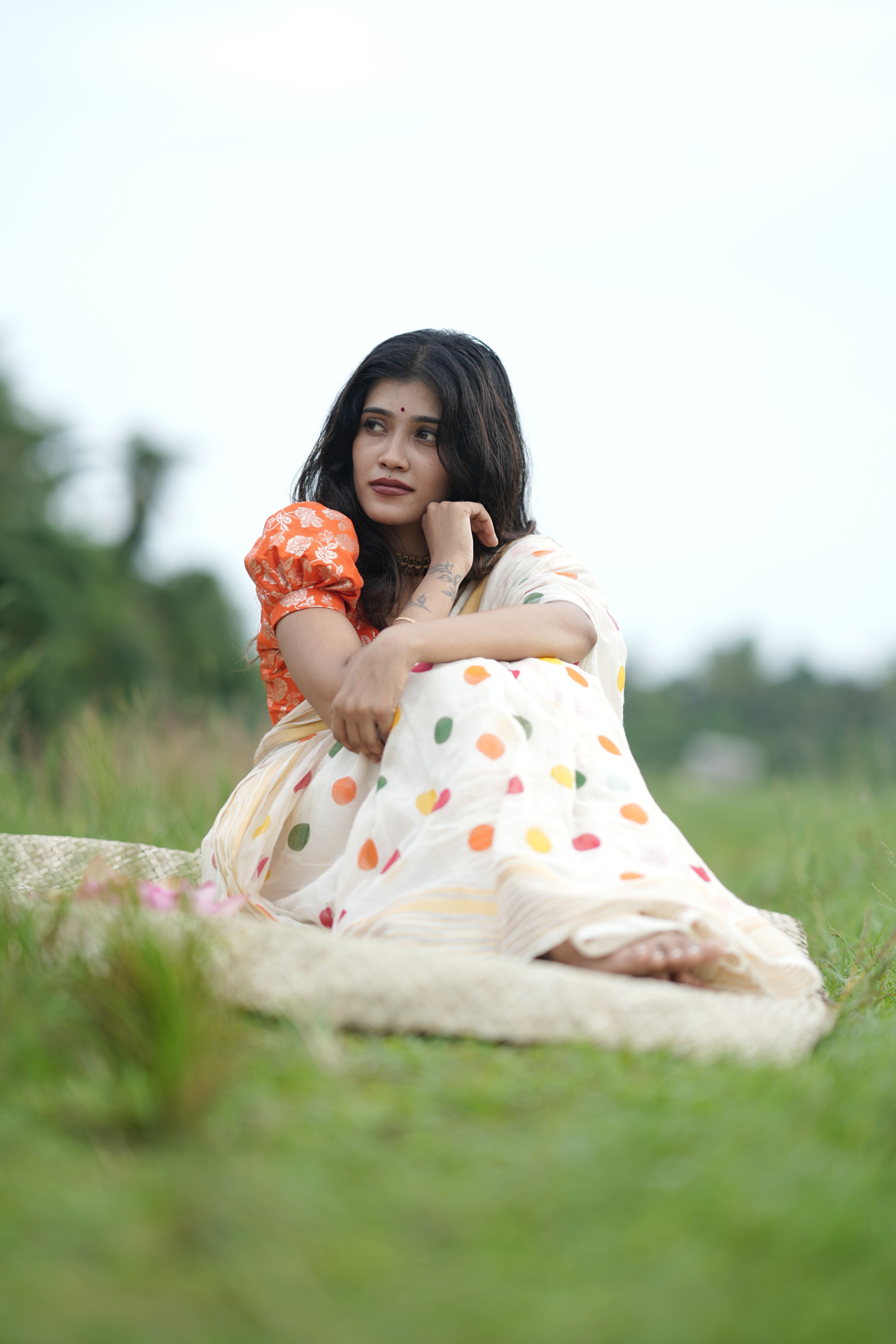 MULMUL SAREE WITH MULTICOLOUR POLKA DOTS - TBS26VC