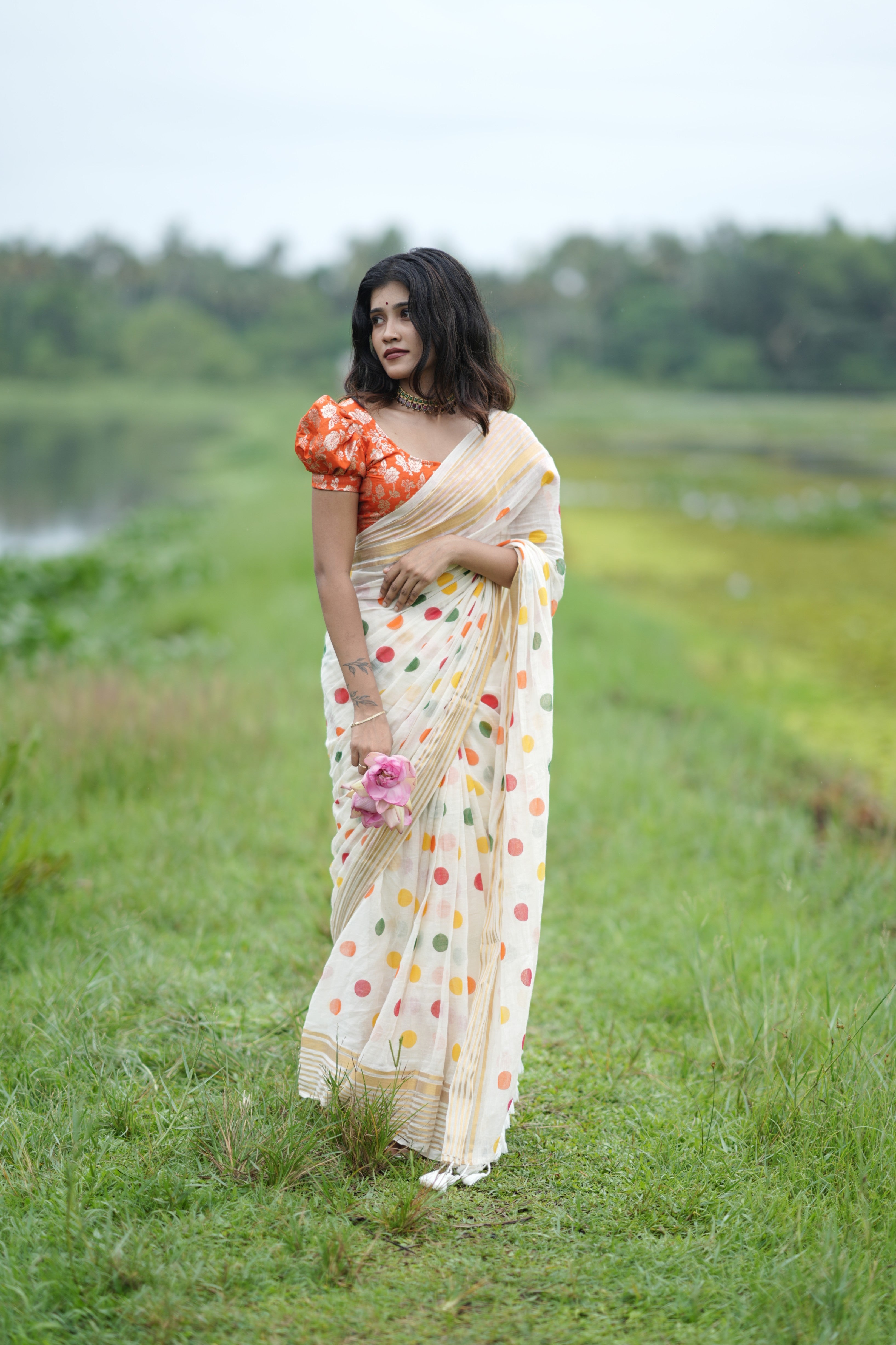 MULMUL SAREE WITH MULTICOLOUR POLKA DOTS - TBS26VC