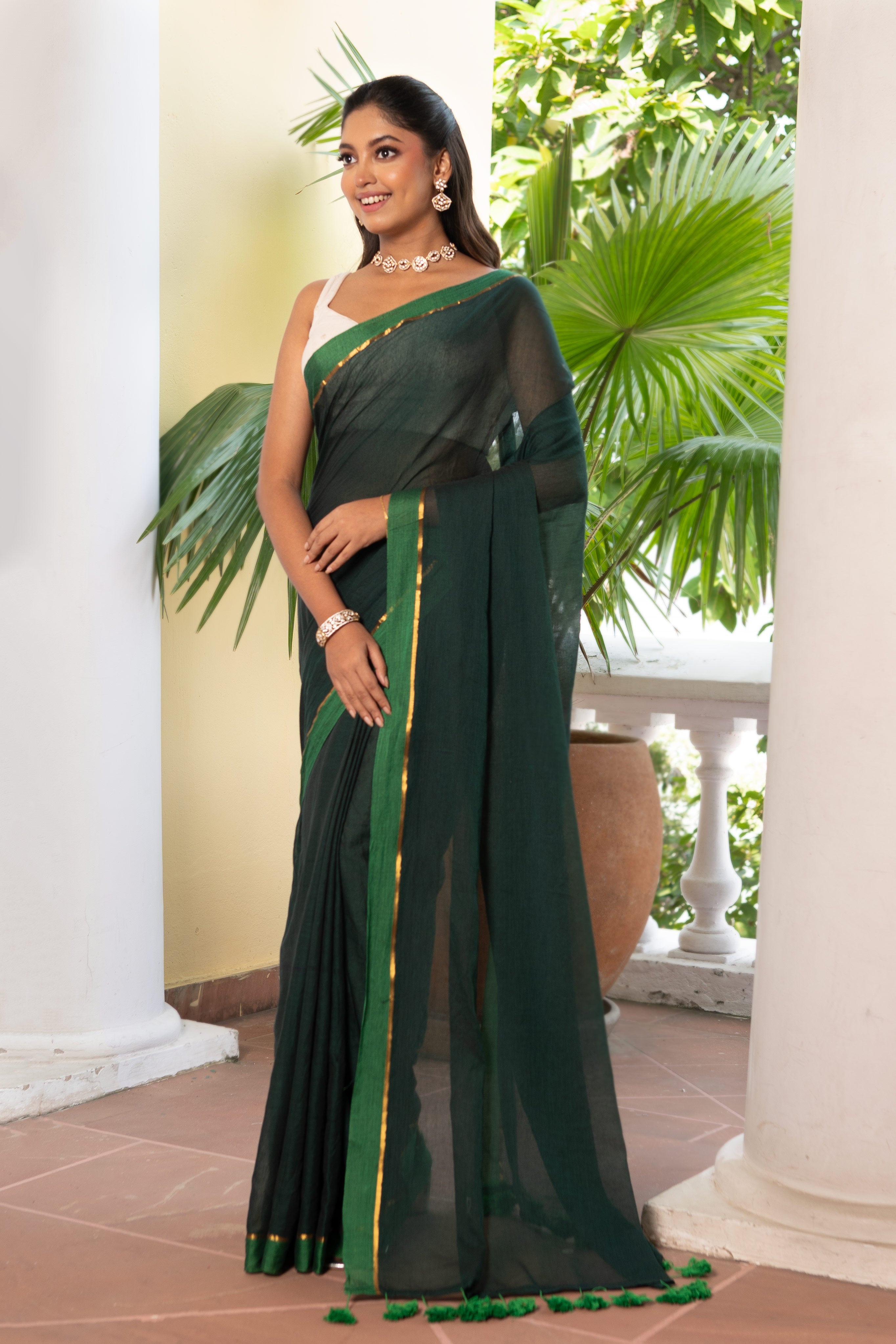 DARK GREEN MULMUL COTTON SAREE