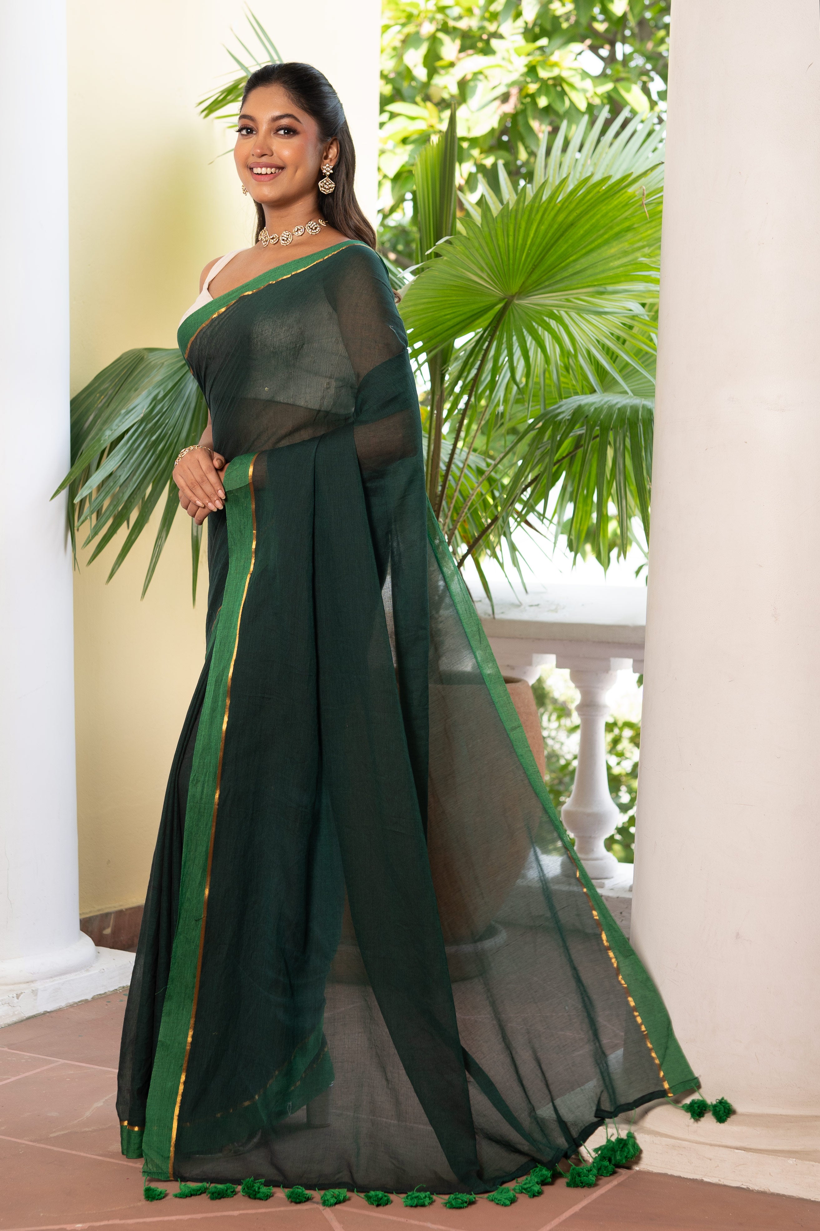 DARK GREEN MULMUL COTTON SAREE