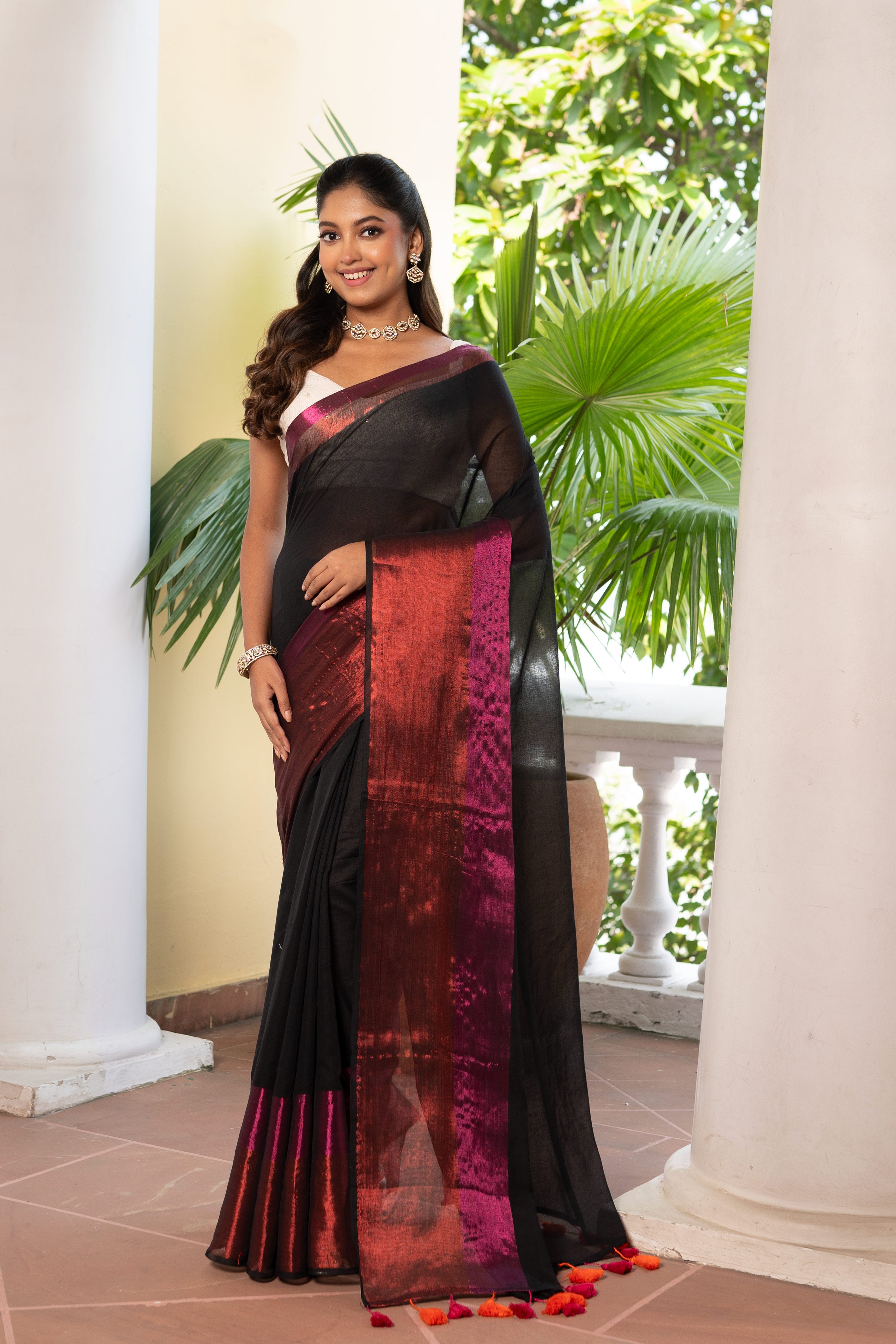 BLACK MULCOTTON WITH PINK & ORANGE BORDER