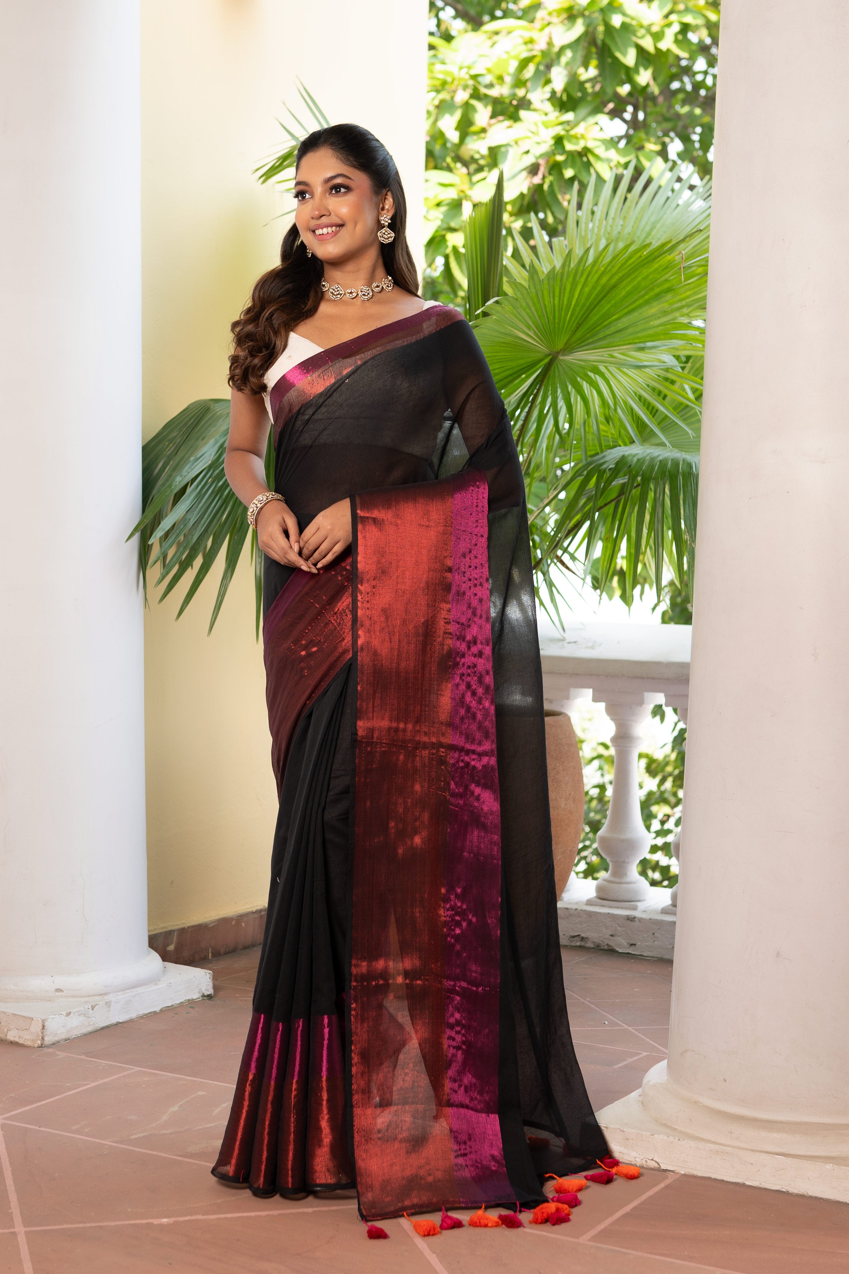 BLACK MULCOTTON WITH PINK & ORANGE BORDER