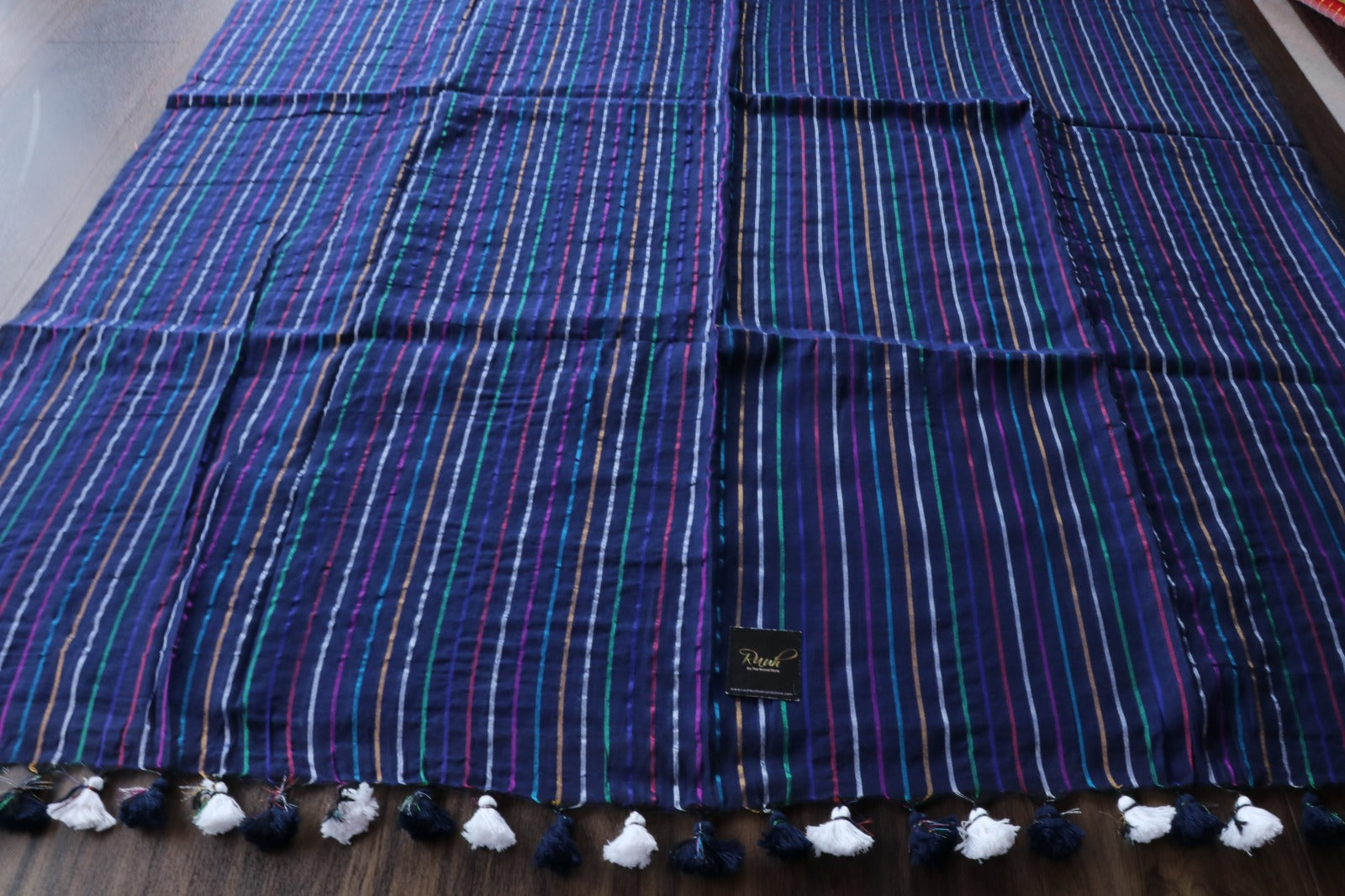 BLUE MULMUL COTTON SAREE WITH MULTICOLOUR STRIPES