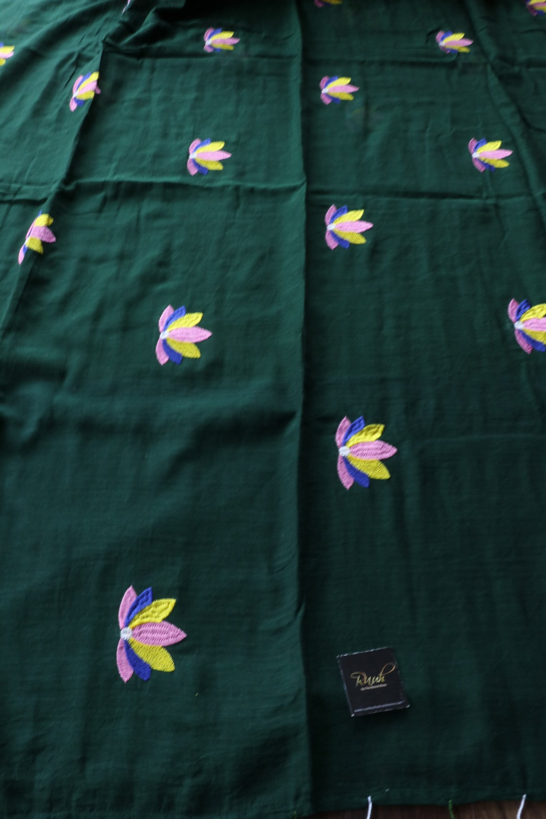 DARK GREEN  MULMUL WITH LOTUS EMBROIDERY