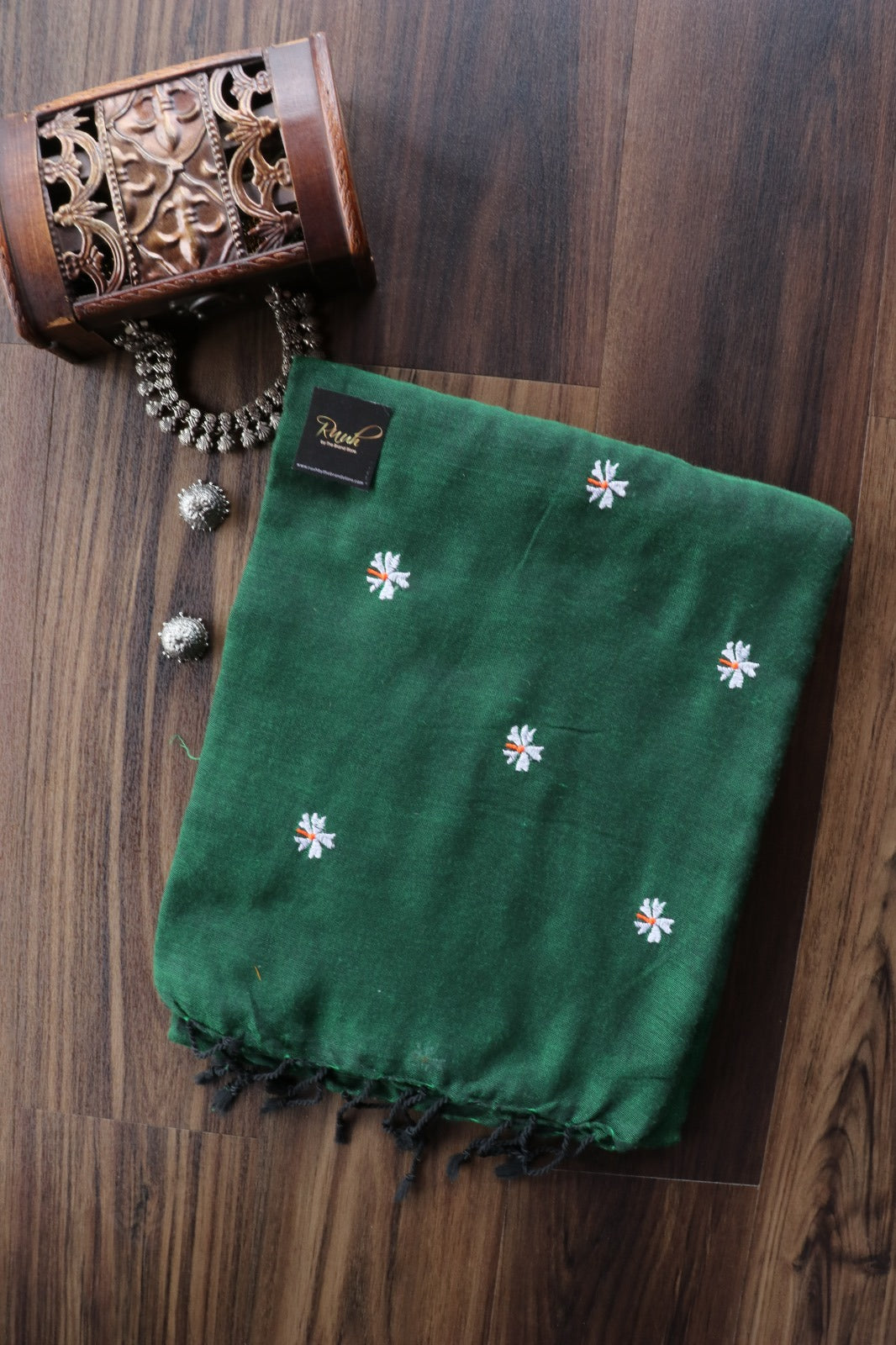 DARK GREEN KHADI COTTON PARIJAT EMBROIDERY