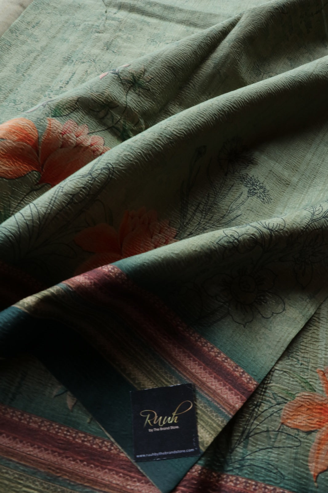 SAGE GREEN BASE DIGITAL PRINTED CRUSH SILK SAREE