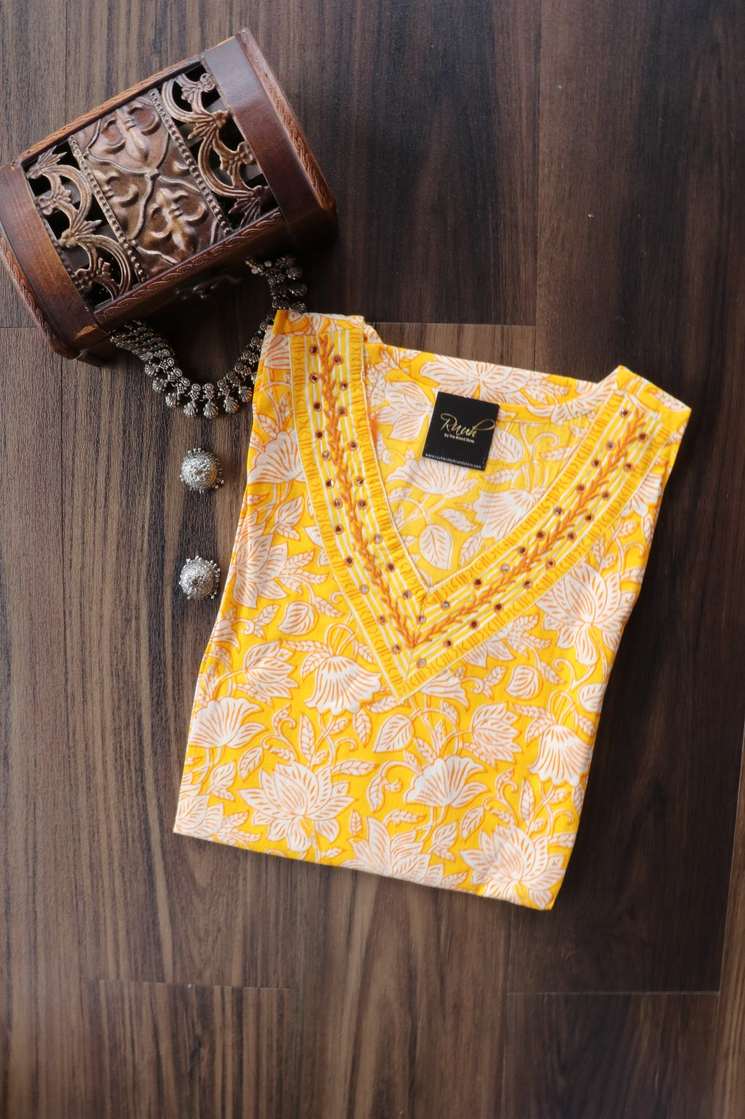 YELLOW COTTON V NECK KURTA