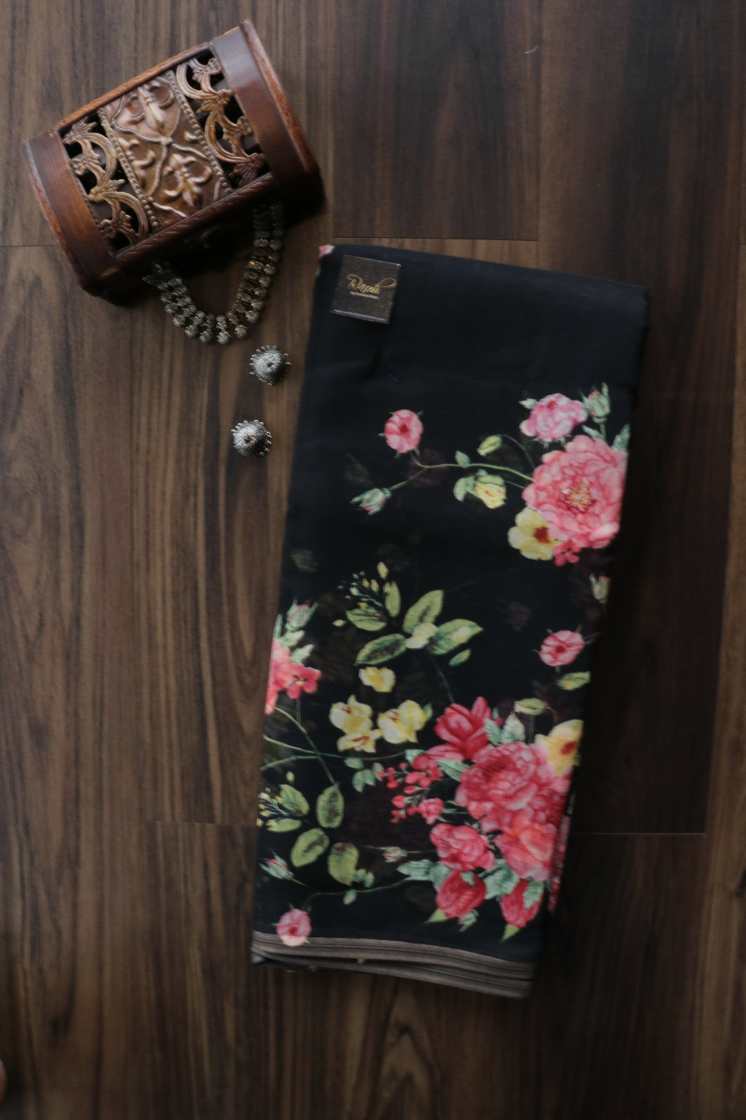 BLACK SEMI LINEN FLORAL PRINTED SAREE