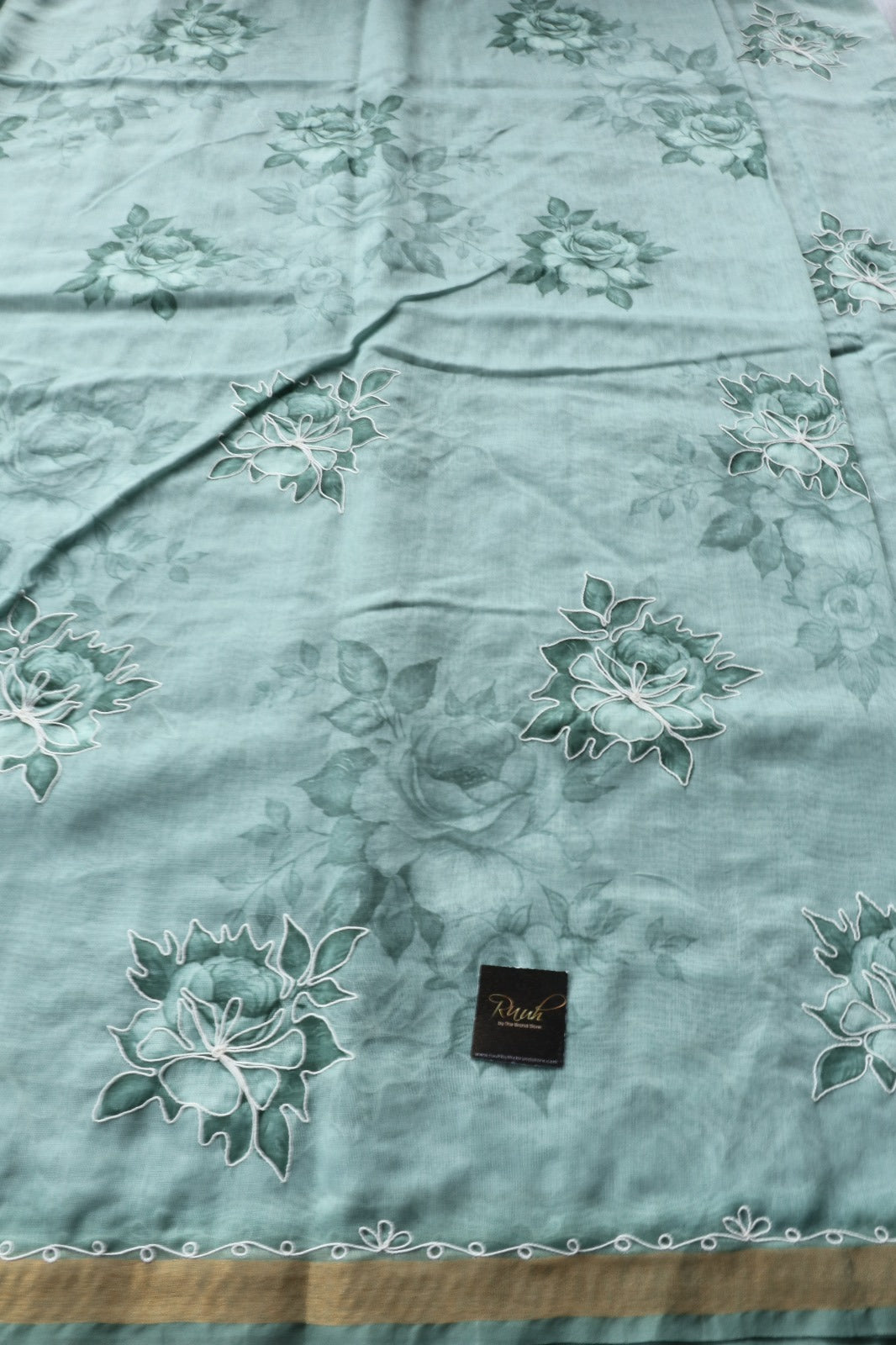 SEA GREEN SEMI CHANDERI FLORAL PRINT SAREE