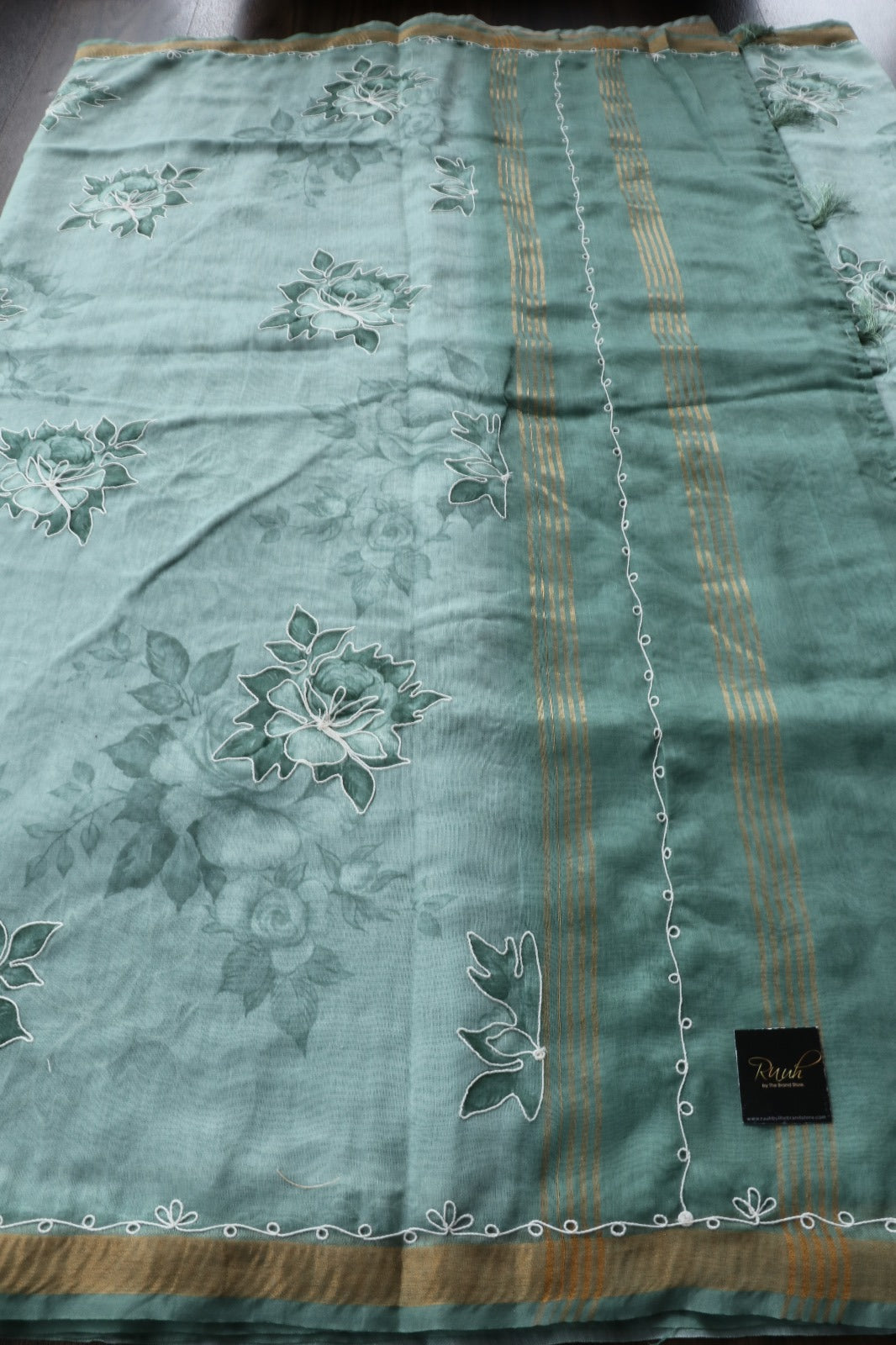SEA GREEN SEMI CHANDERI FLORAL PRINT SAREE