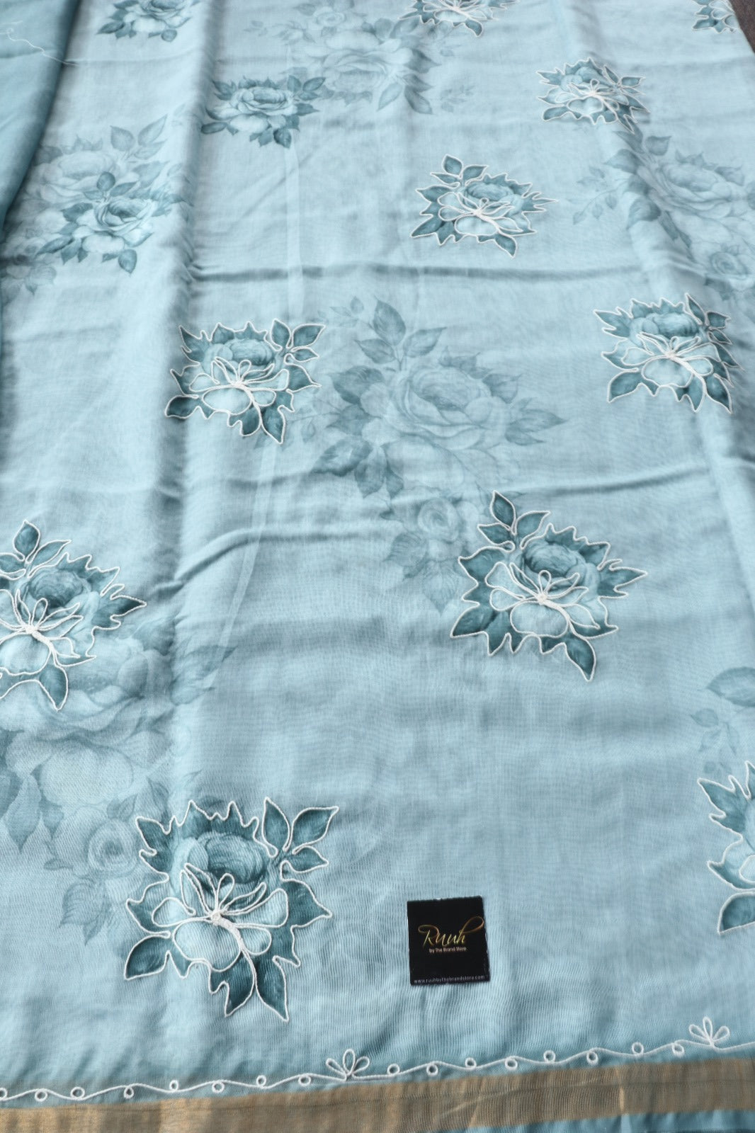 SEA BLUE SEMI CHANDERI FLORAL SAREE