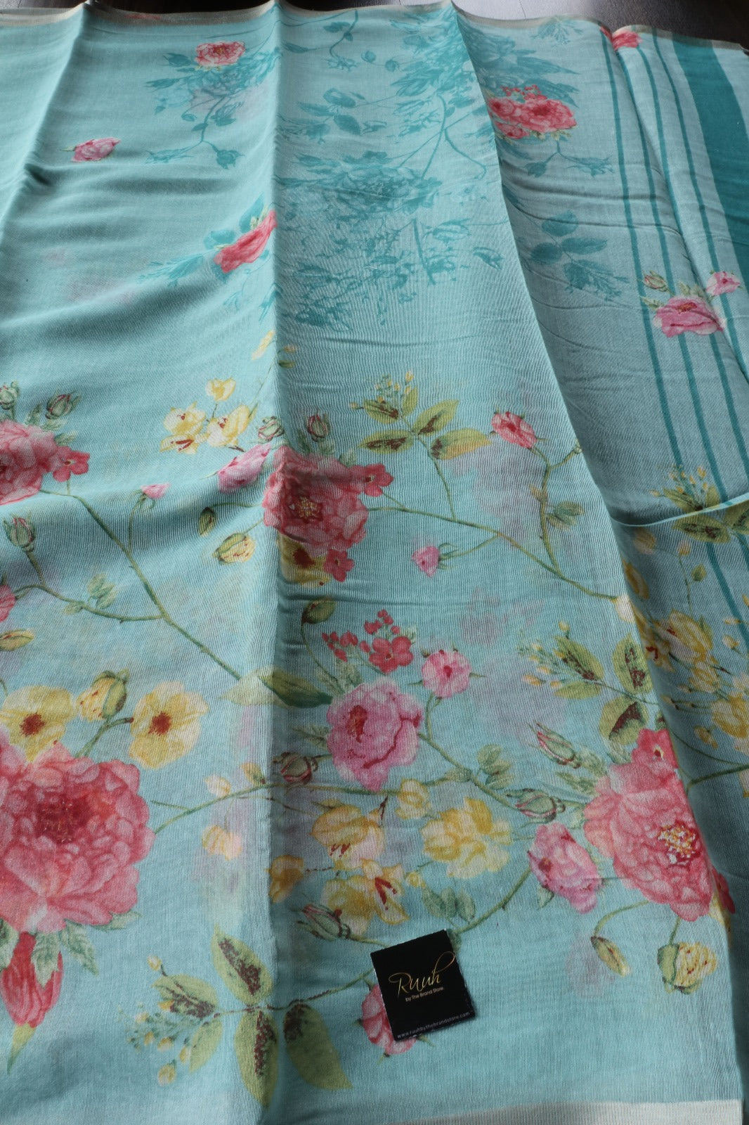 LIGHT BLUE SEMI LINEN FLORAL PRINTED SAREE