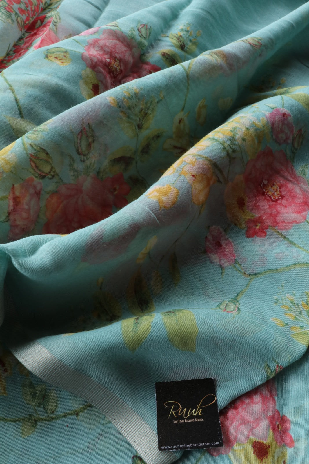 LIGHT BLUE SEMI LINEN FLORAL PRINTED SAREE