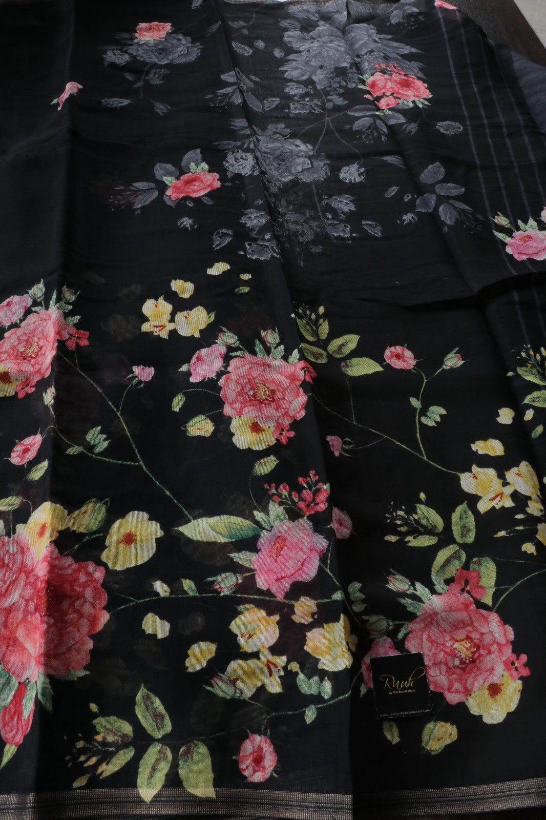 BLACK SEMI LINEN FLORAL PRINTED SAREE