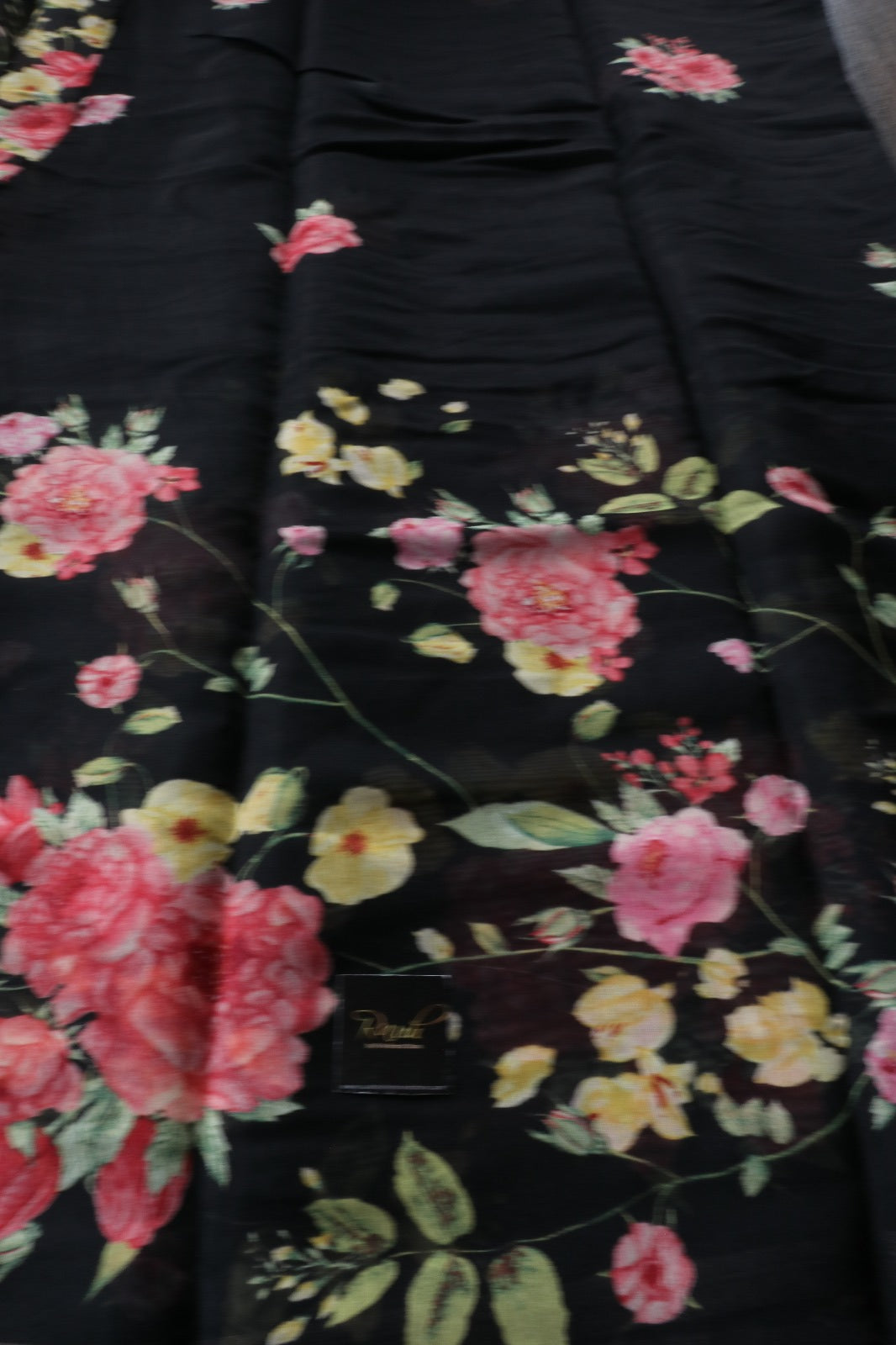 BLACK SEMI LINEN FLORAL PRINTED SAREE