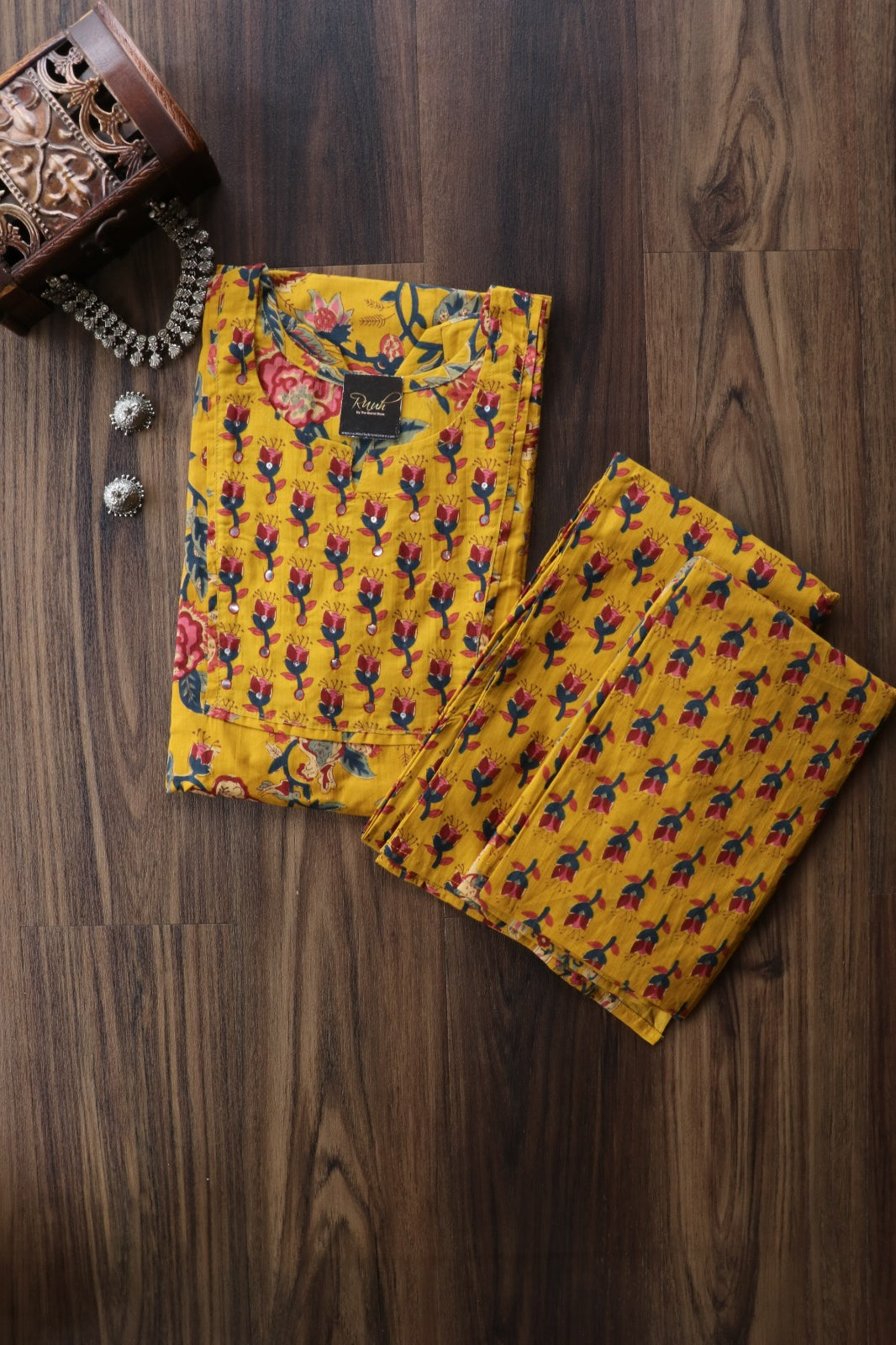 MUSTARD YELLOW COTTON FLORAL PRINTED SALWAR SUIT SET