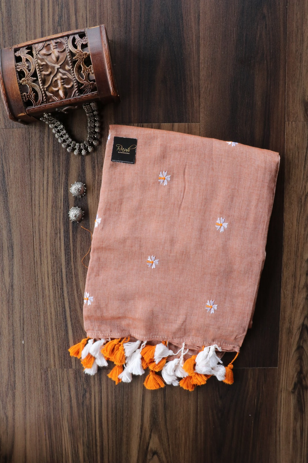 DUSTY BROWN MULMUL PARIJAT SAREE