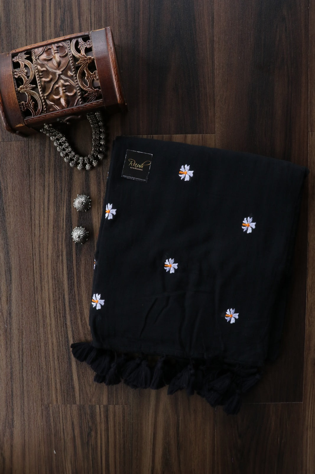 BLACK MULMUL PARIJAT EMBROIDERY