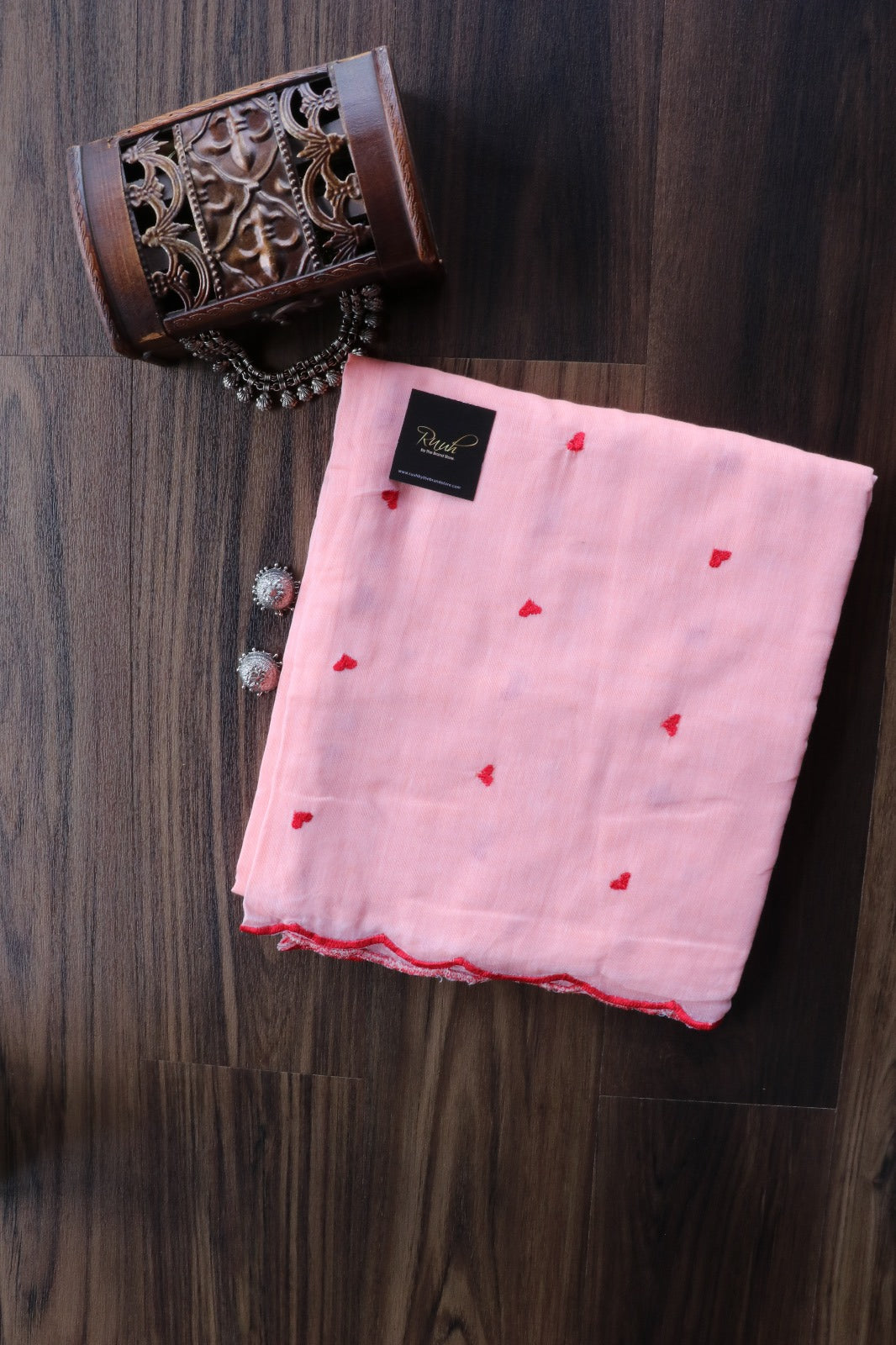 PEACH MUL COTTON WITH HEART EMBROIDERY