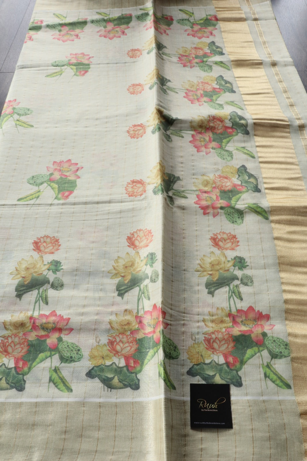 LOTUS PRINTED KERALA TISSUE CHECK SAREE