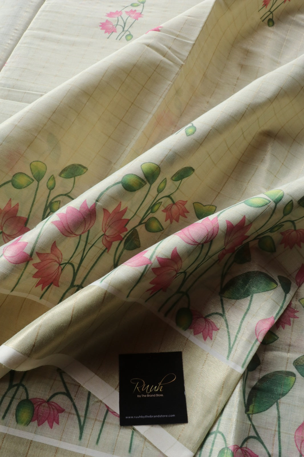 LOTUS PRINTED KERALA TISSUE CHECK SAREE