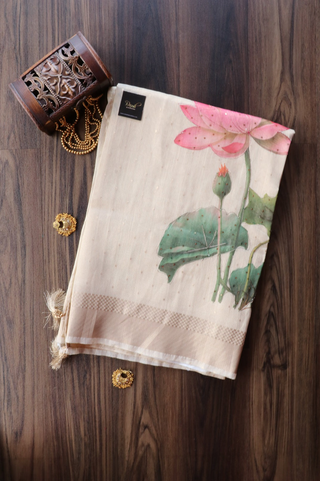 LOTUS PRINTED SEMI SILK SAREE WITH HANDWORK