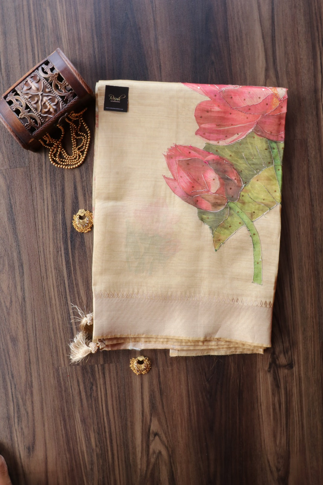FLORAL PRINTED SEMI SILK SAREE WITH HANDWORK