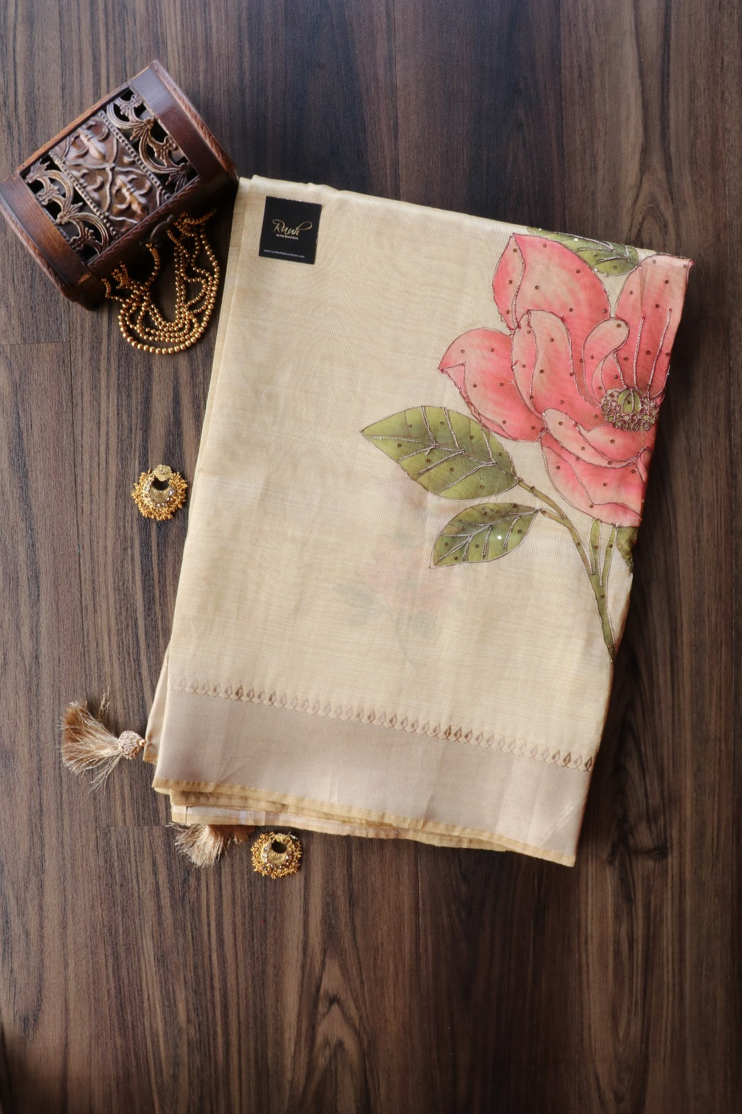 DARK PINK FLORAL PRINTED SEMI SILK SAREE WITH HANDWORK