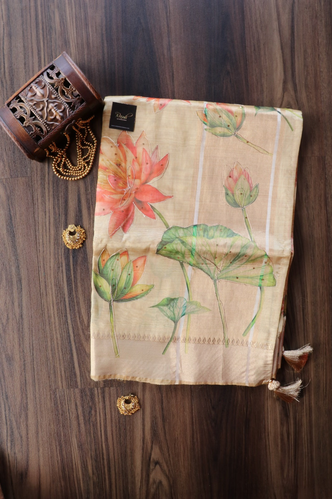 LOTUS PRINTED SEMI SILK SAREE WITH HANDWORK