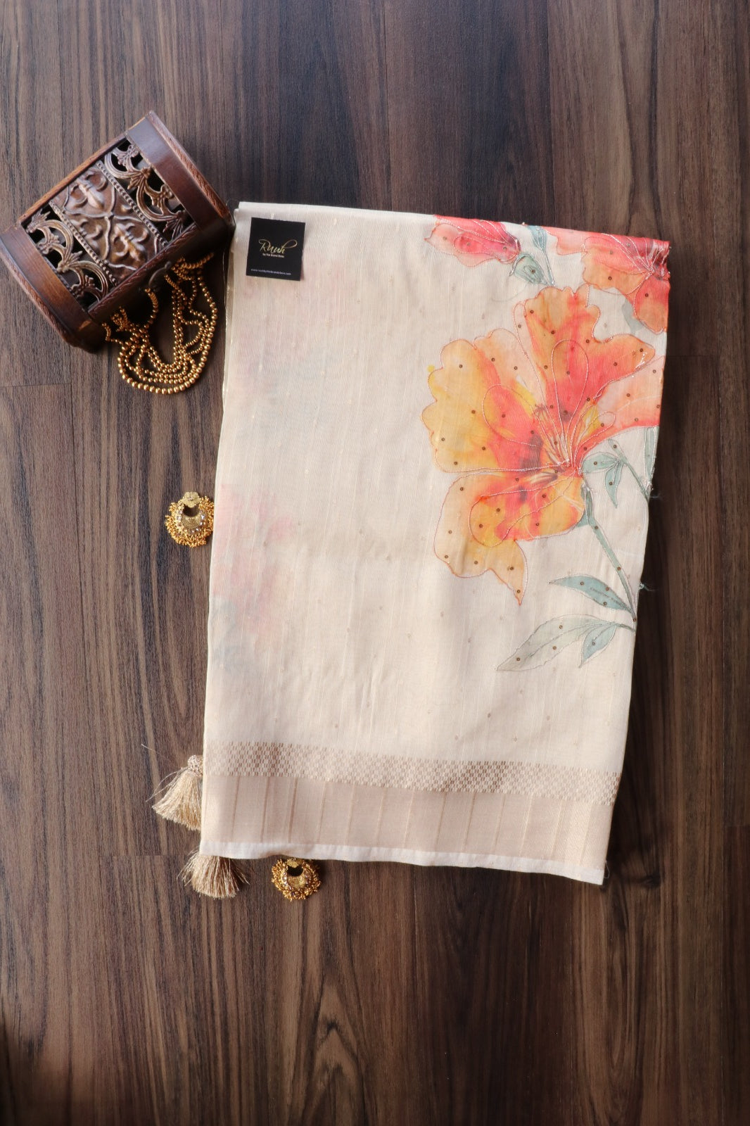 WATERCOLOUR FLORAL PRINTED SEMI SILK SAREE WITH HANDWORK