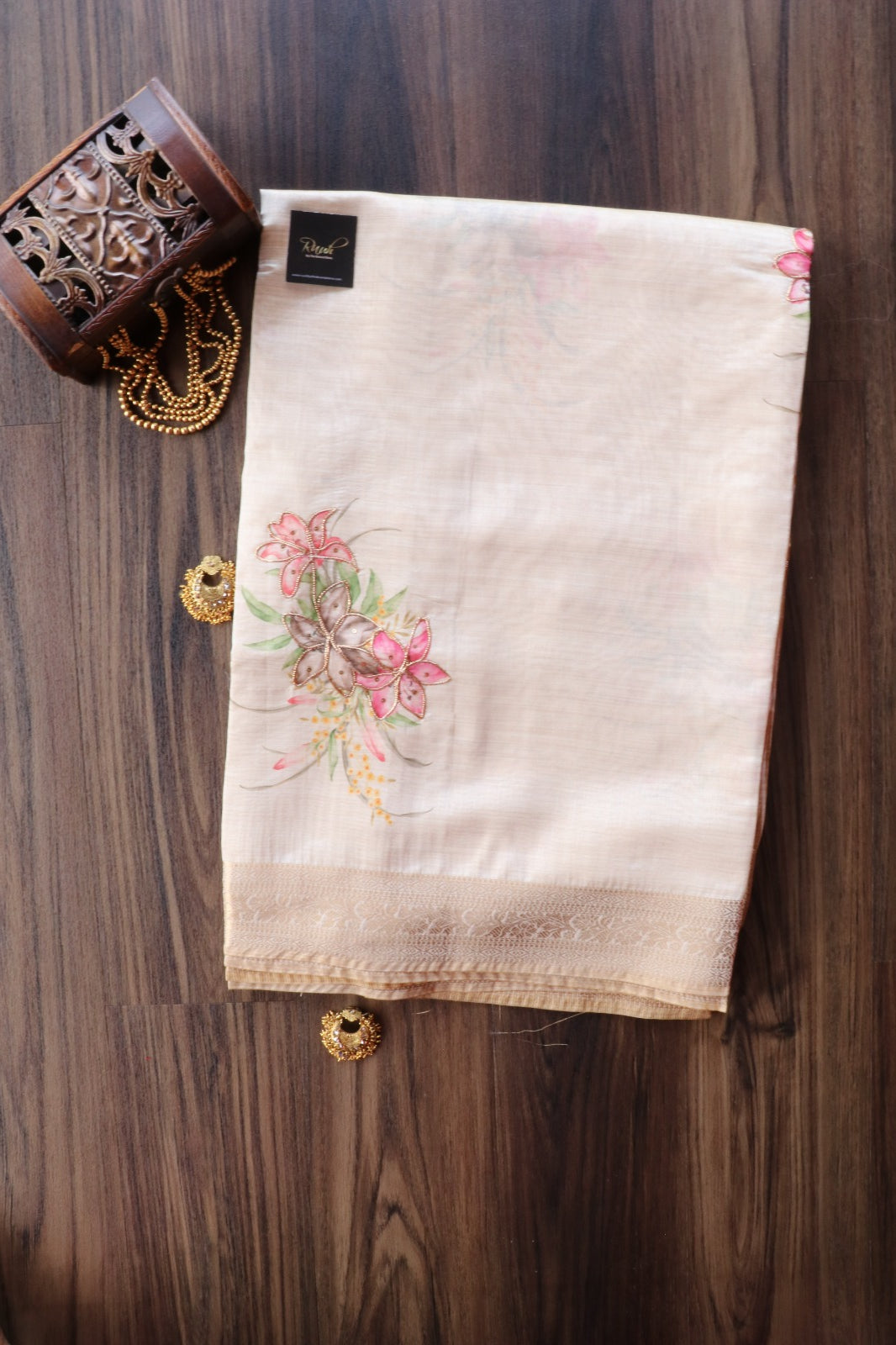 FLORAL PRINTED SEMI SILK SAREE WITH HANDWORK