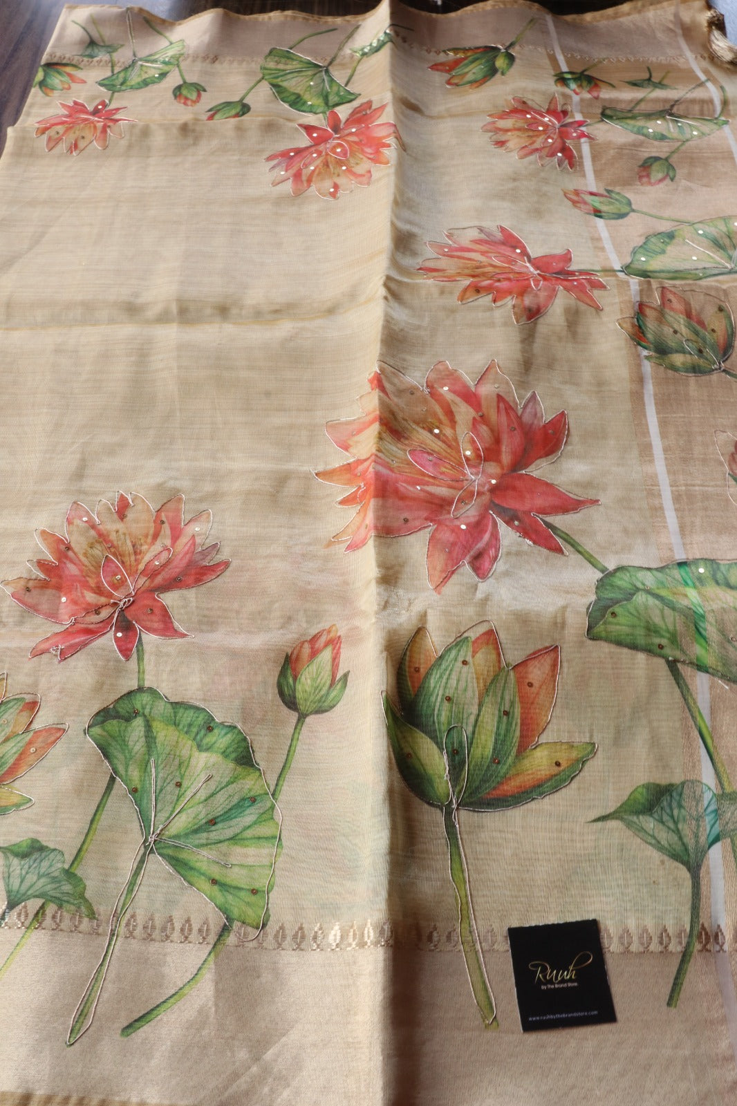 LOTUS PRINTED SEMI SILK SAREE WITH HANDWORK