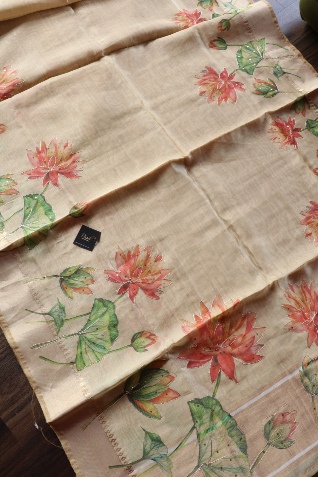 LOTUS PRINTED SEMI SILK SAREE WITH HANDWORK