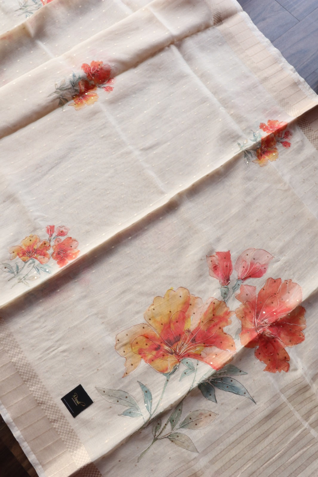 WATERCOLOUR FLORAL PRINTED SEMI SILK SAREE WITH HANDWORK