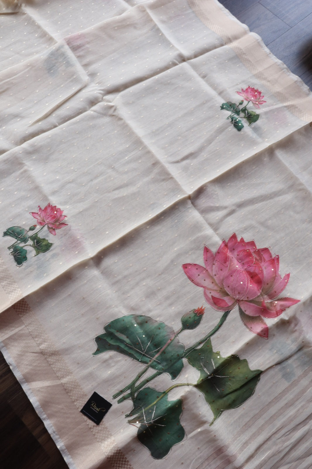 LOTUS PRINTED SEMI SILK SAREE WITH HANDWORK